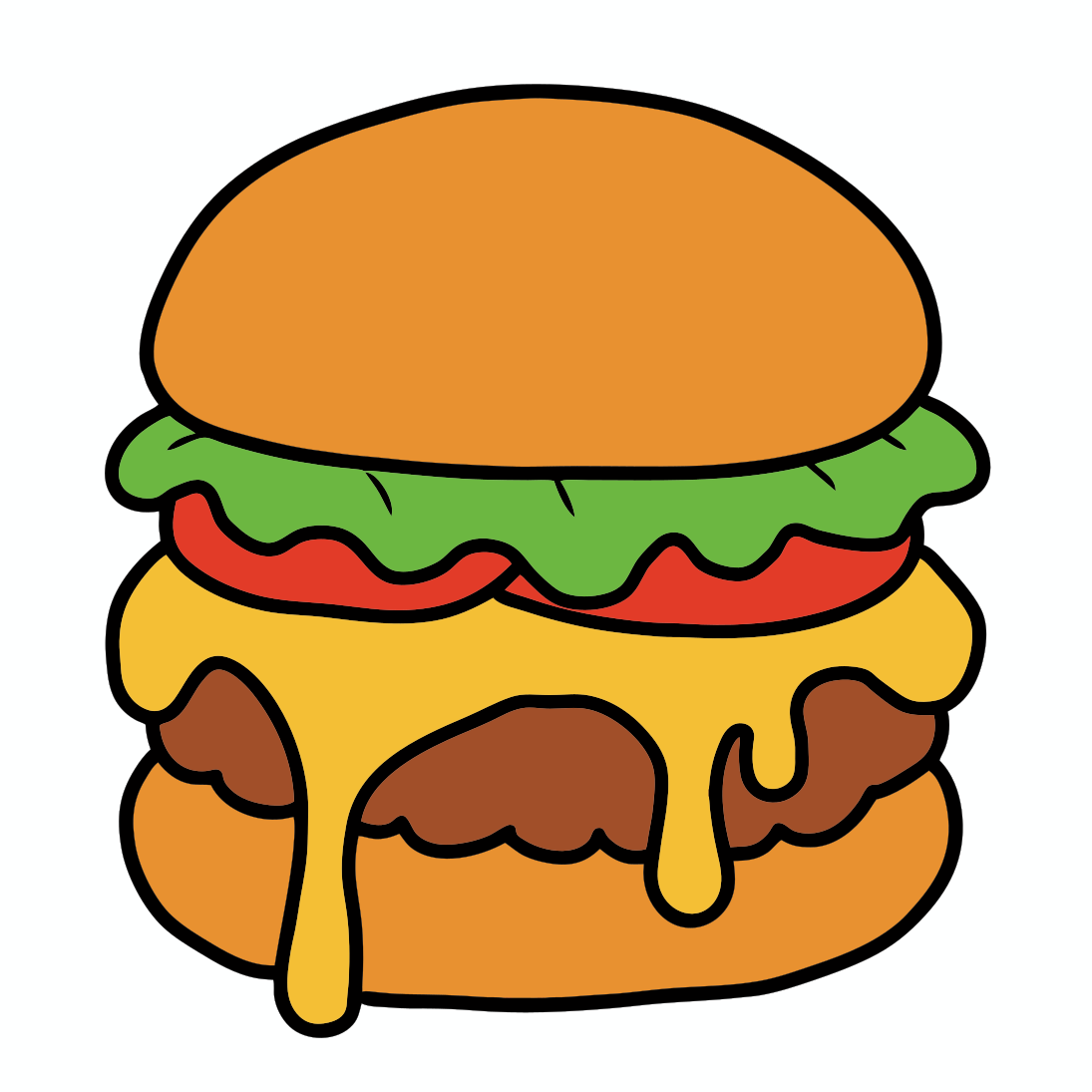 Ein Cartoon-Cheeseburger mit Salat, Tomate und geschmolzenem gelbem Käse auf einem Patty