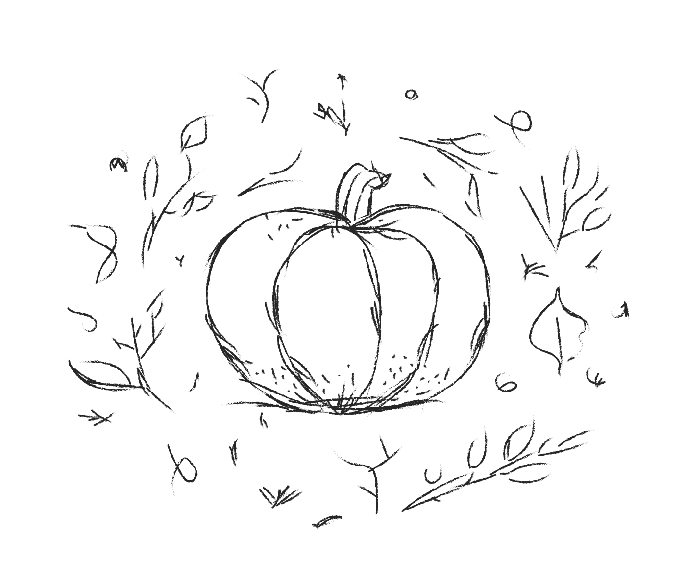 A pumpkin surrounded by scattered autumn leaves and twigs on a white background