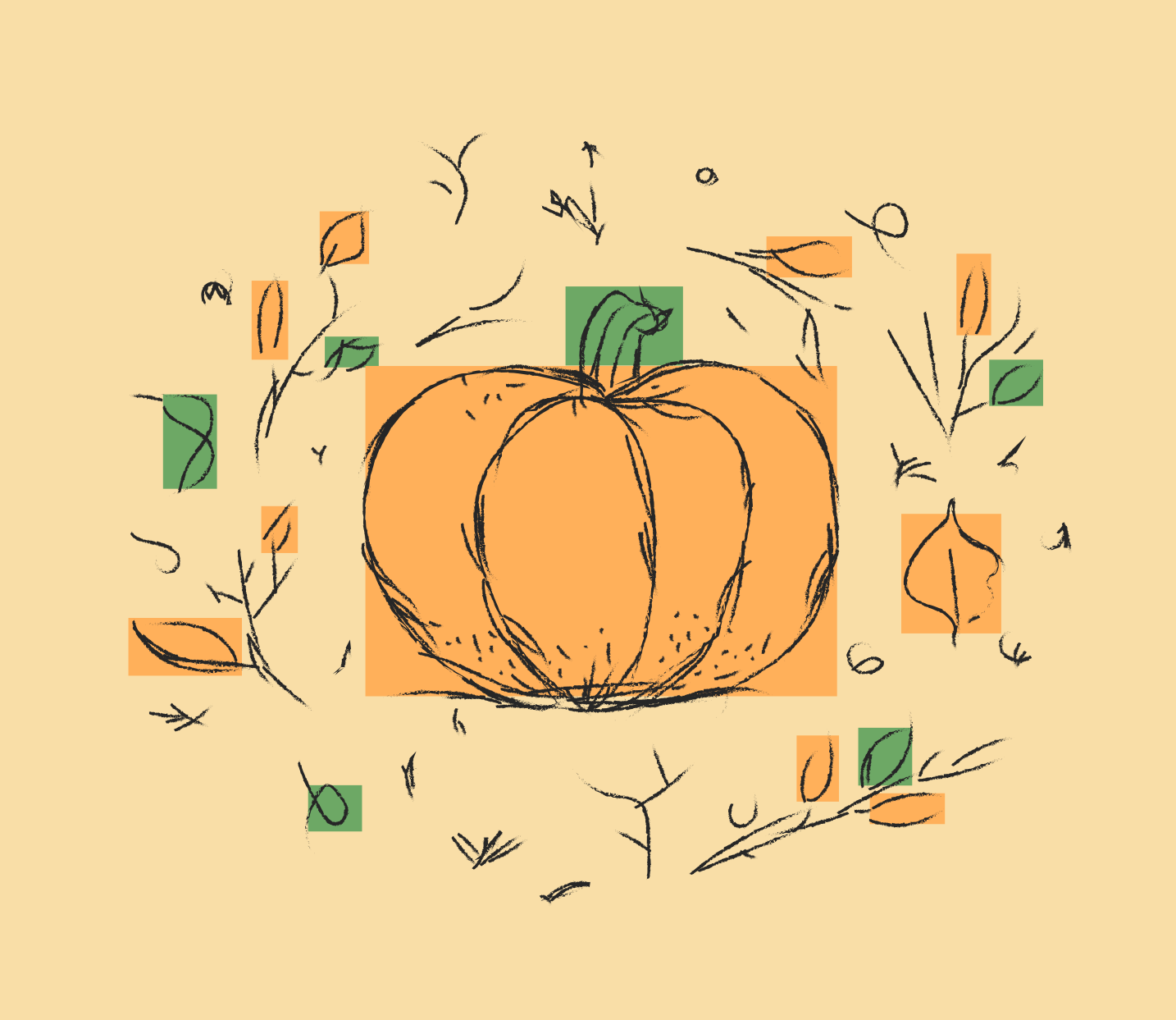 A central orange pumpkin surrounded by small sketched leaves and twigs on beige