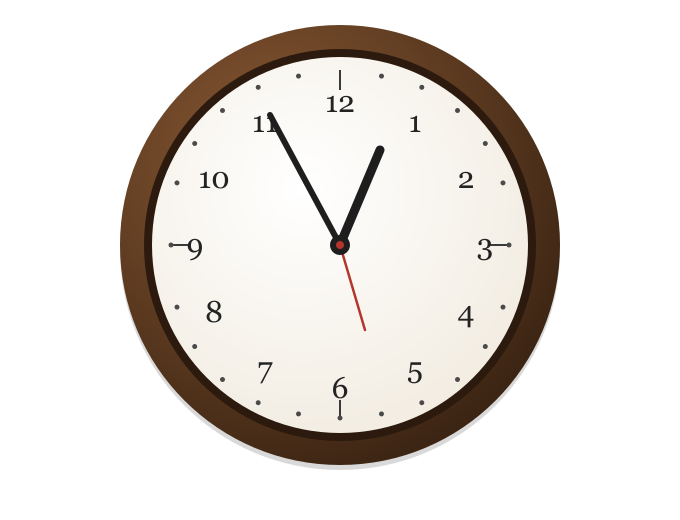 Eine runde Wanduhr mit braunem Rahmen und schwarzen Zeiger auf weißen Stellen