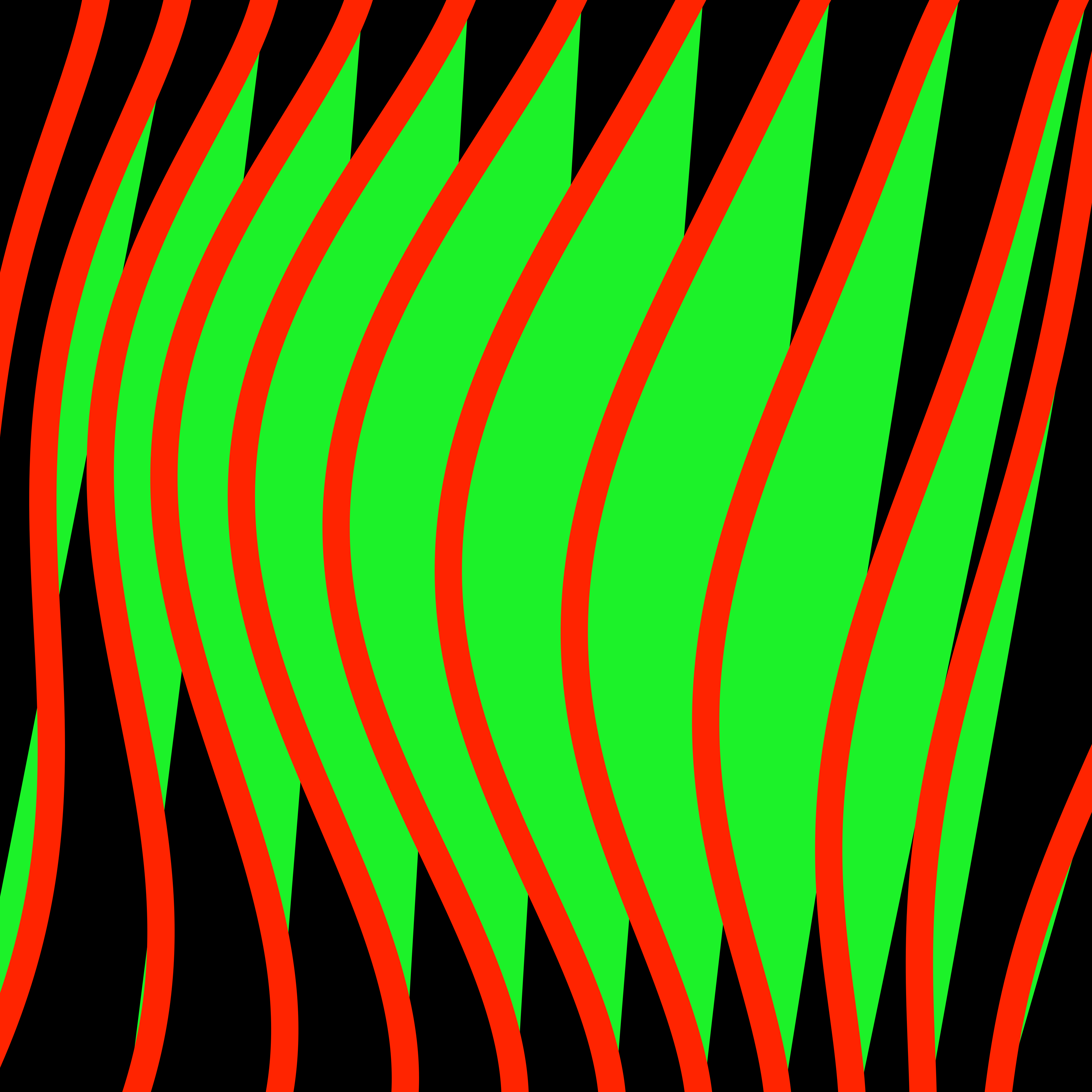 Padrão abstrato de formas verticais onduladas verdes delineadas em vermelho sobre preto