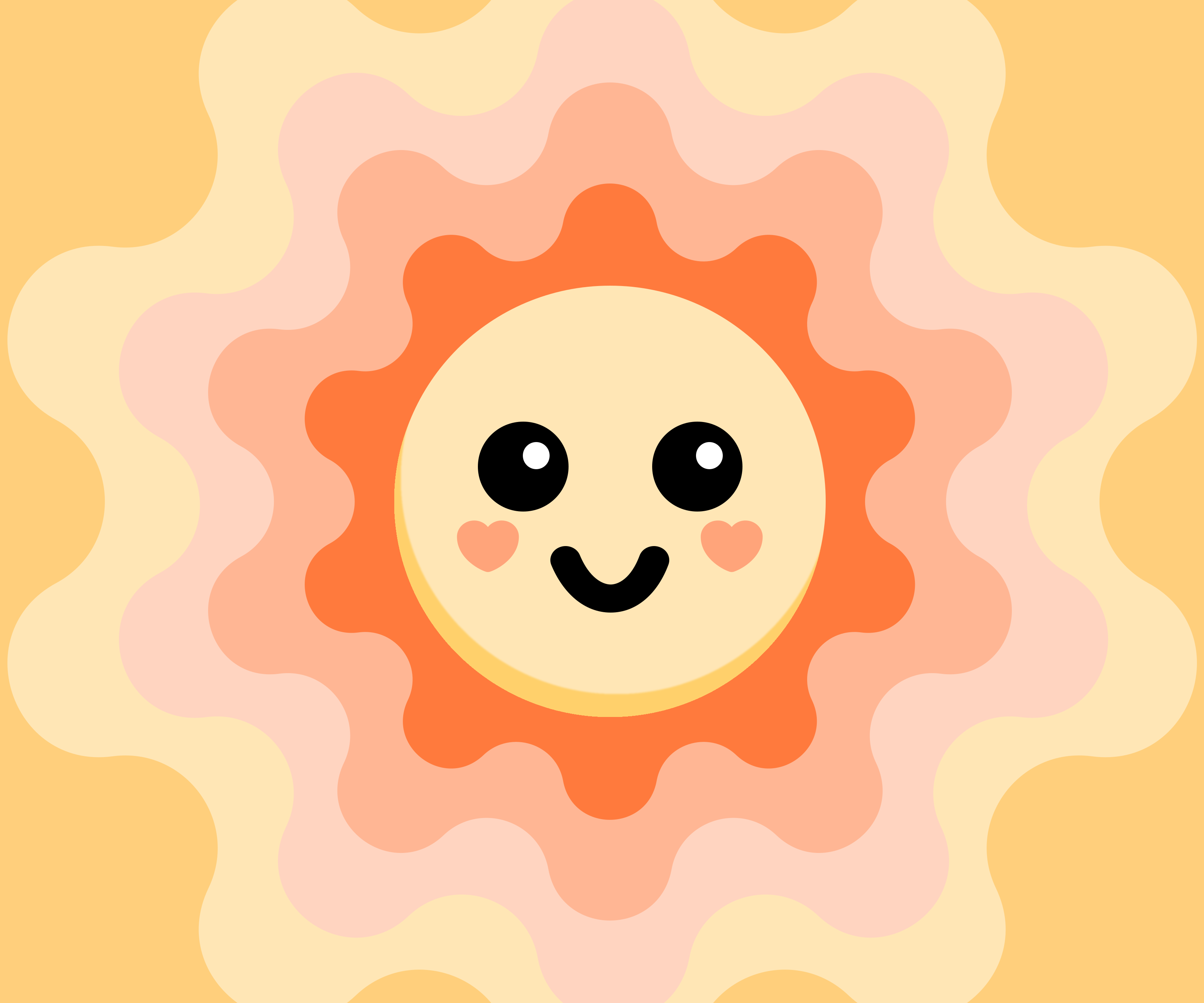 A smiling sun icon with heart cheeks surrounded by wavy orange and yellow layers
