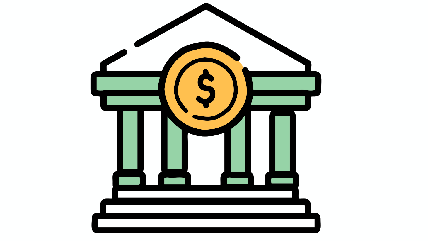 A green bank building icon with a yellow dollar coin in the center