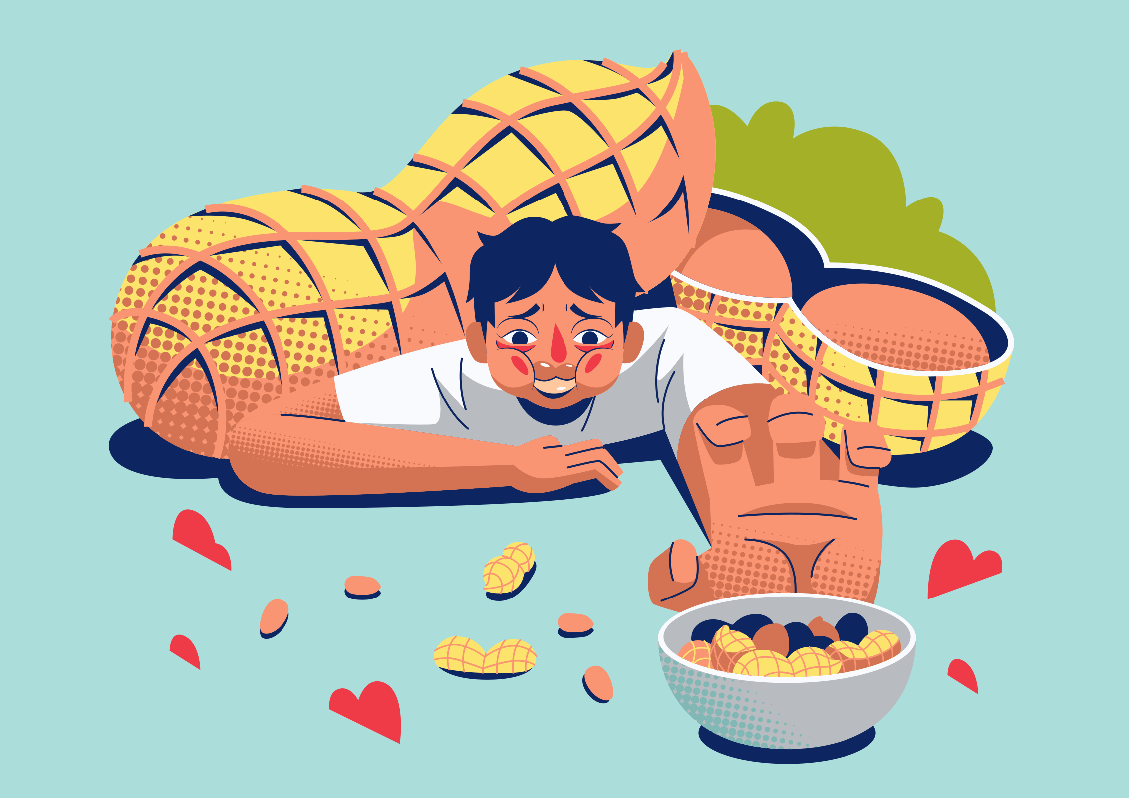 A person with red cheeks reaching for a bowl of peanuts and nuts