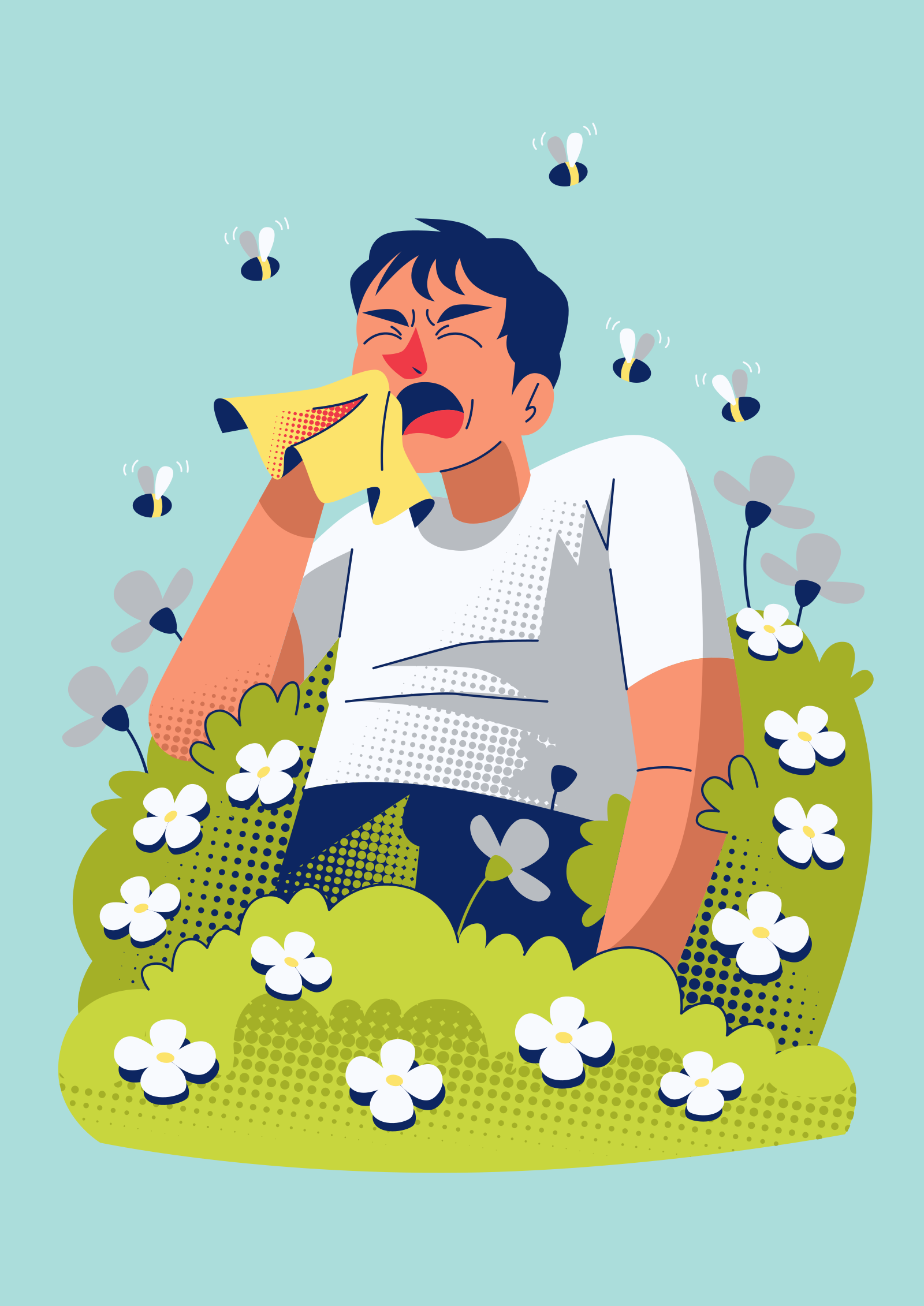 Una persona che starnutiva in un fazzoletto giallo circondato da fiori bianchi e api