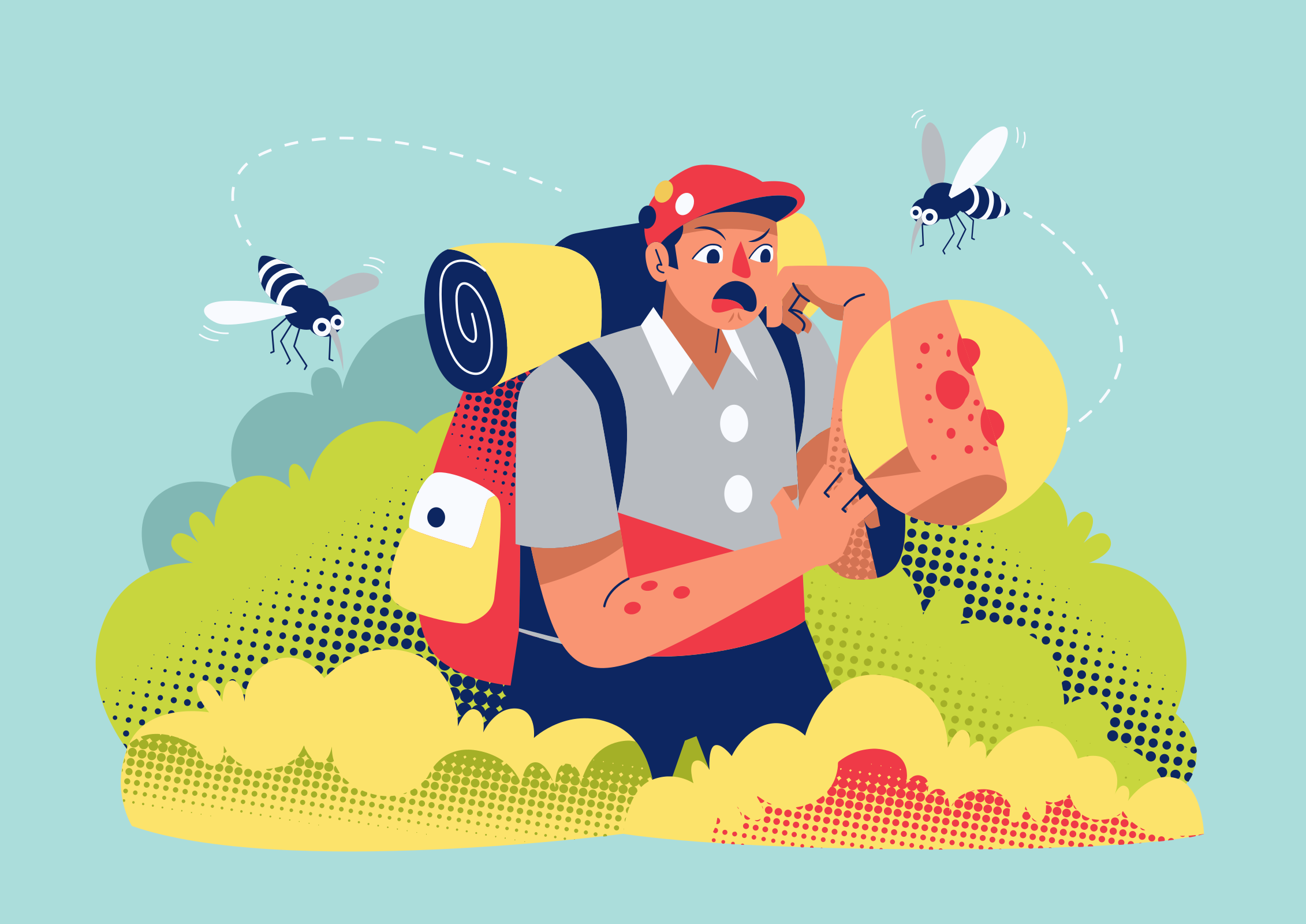 Un senderista con una mochila rascándose, un brazo que pica rodeado de insectos voladores