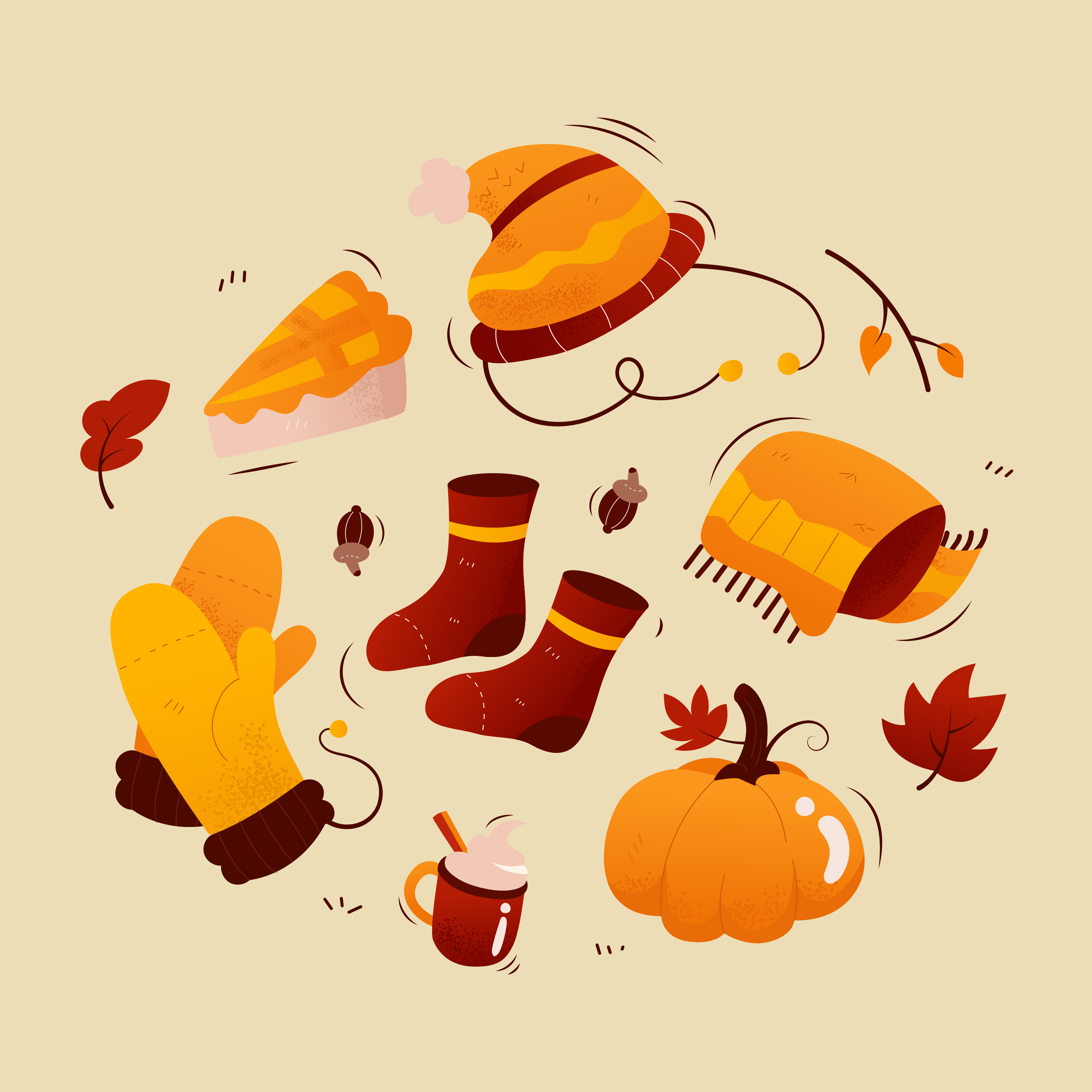 Oggetti autunnali come una zucca, una fetta di torta, una sciarpa, guanti, calzini e cappello