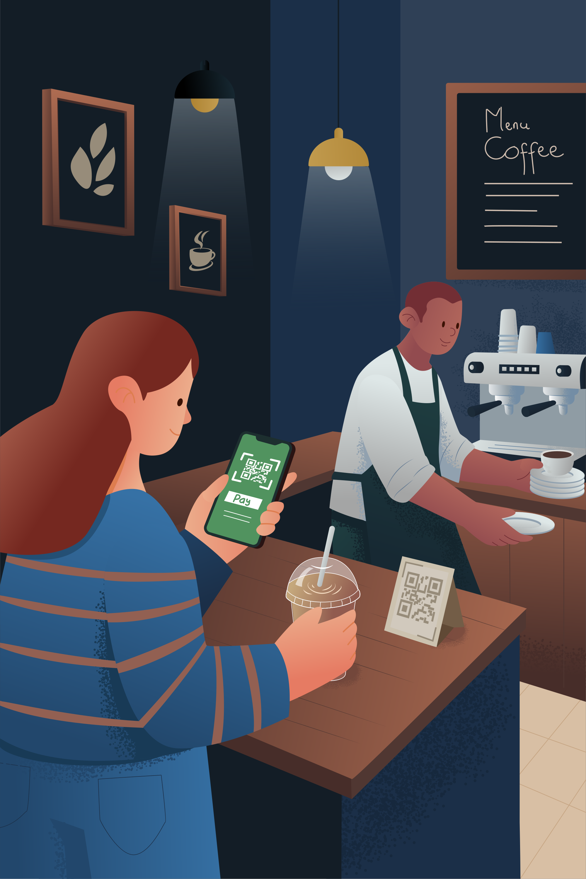 Una donna che tiene uno smartphone con un codice QR per il pagamento in un bar