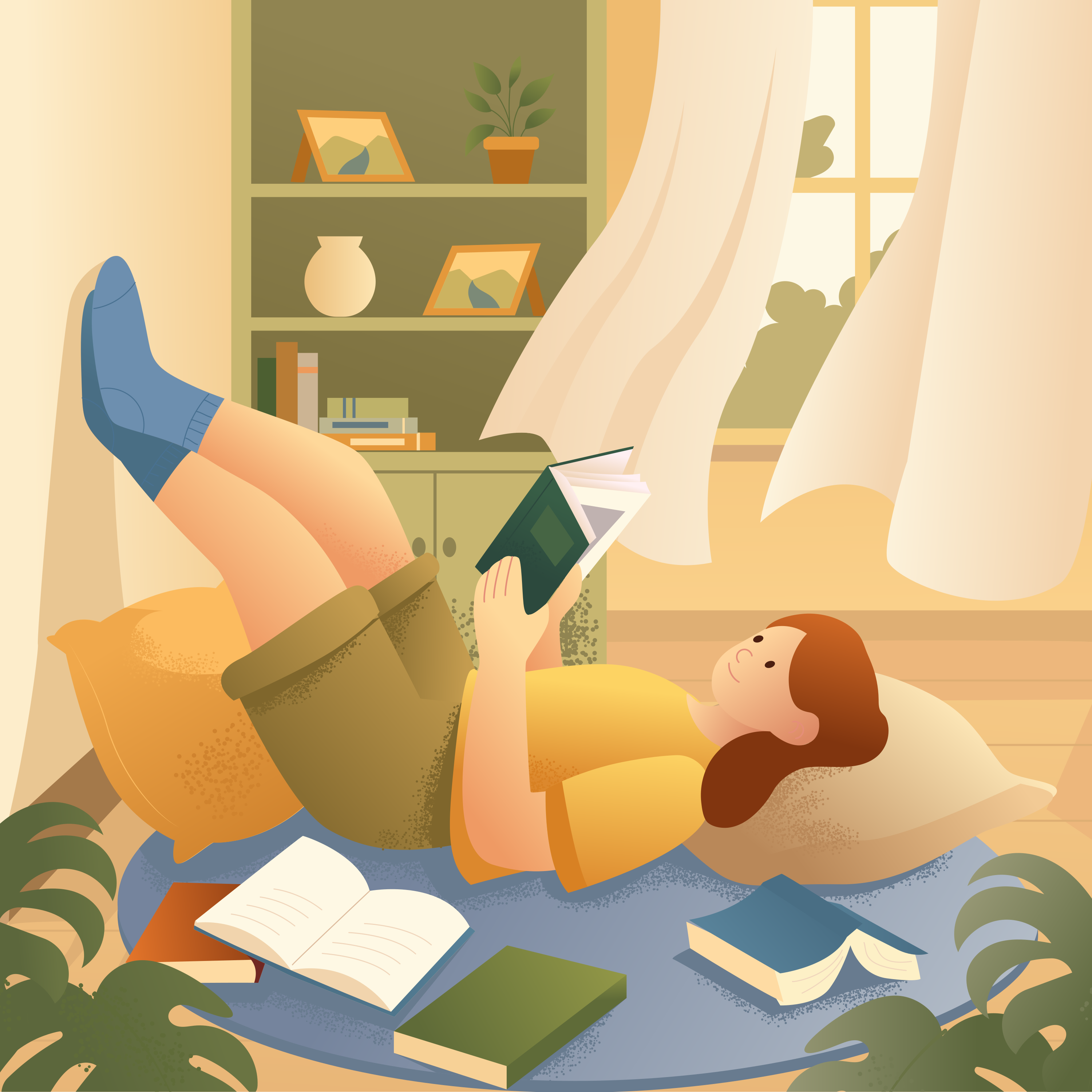 A person reading a book while lying on a rug with scattered books