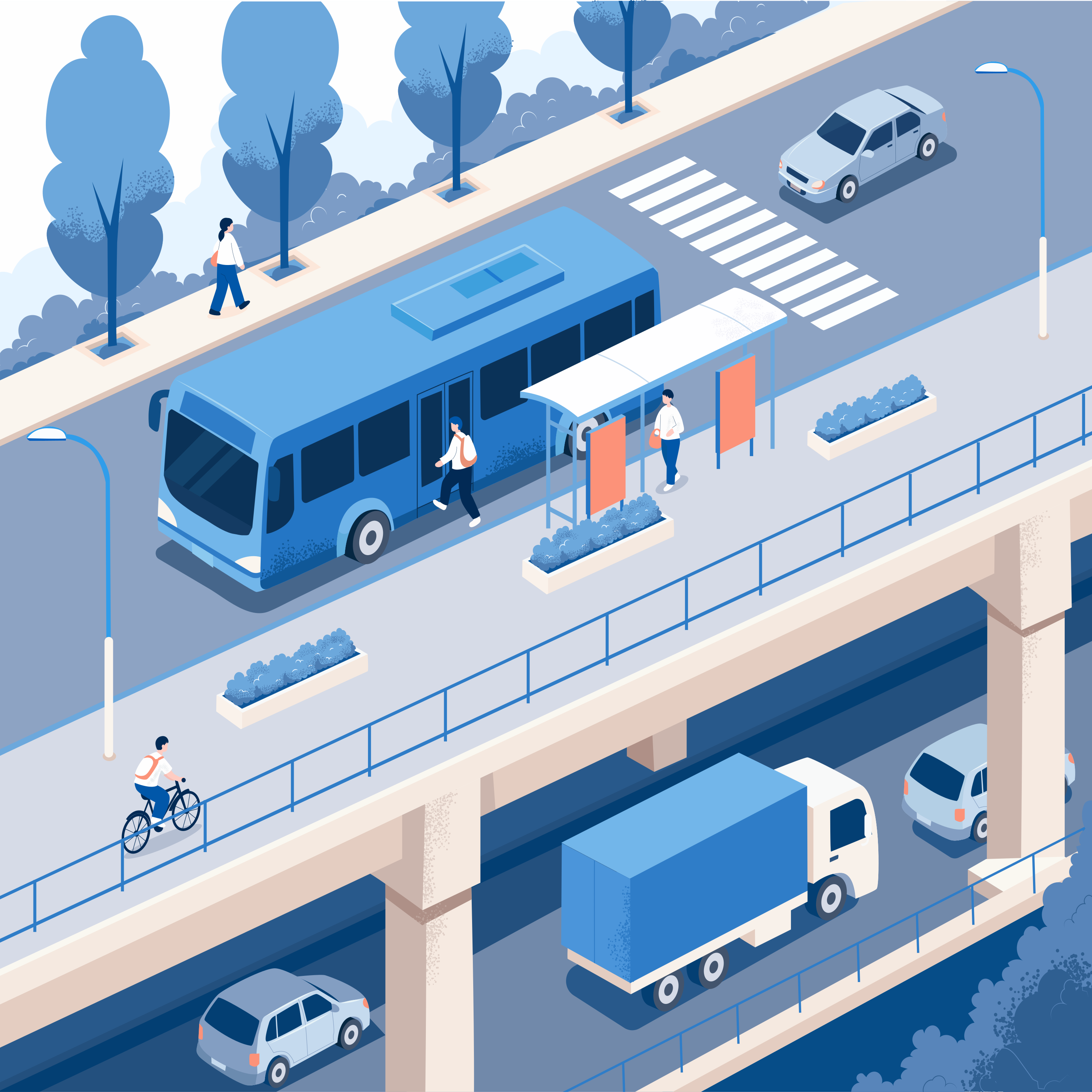A blue bus at a stop with people boarding and a cyclist nearby
