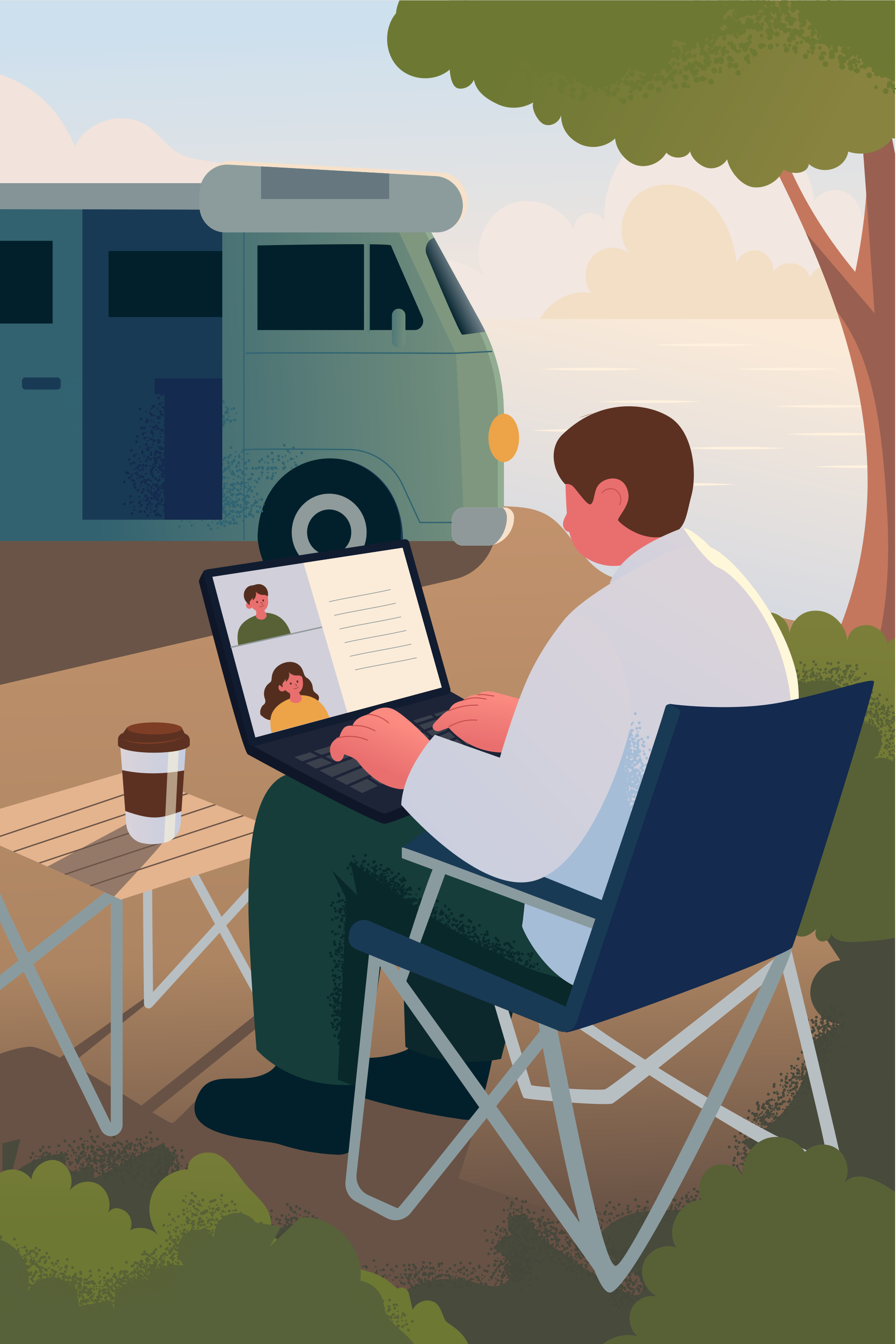A person in a folding chair using a laptop for a video call outdoors
