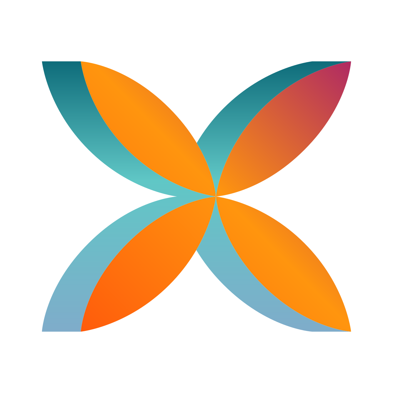 A four-petaled flower shape with orange and teal gradient segments