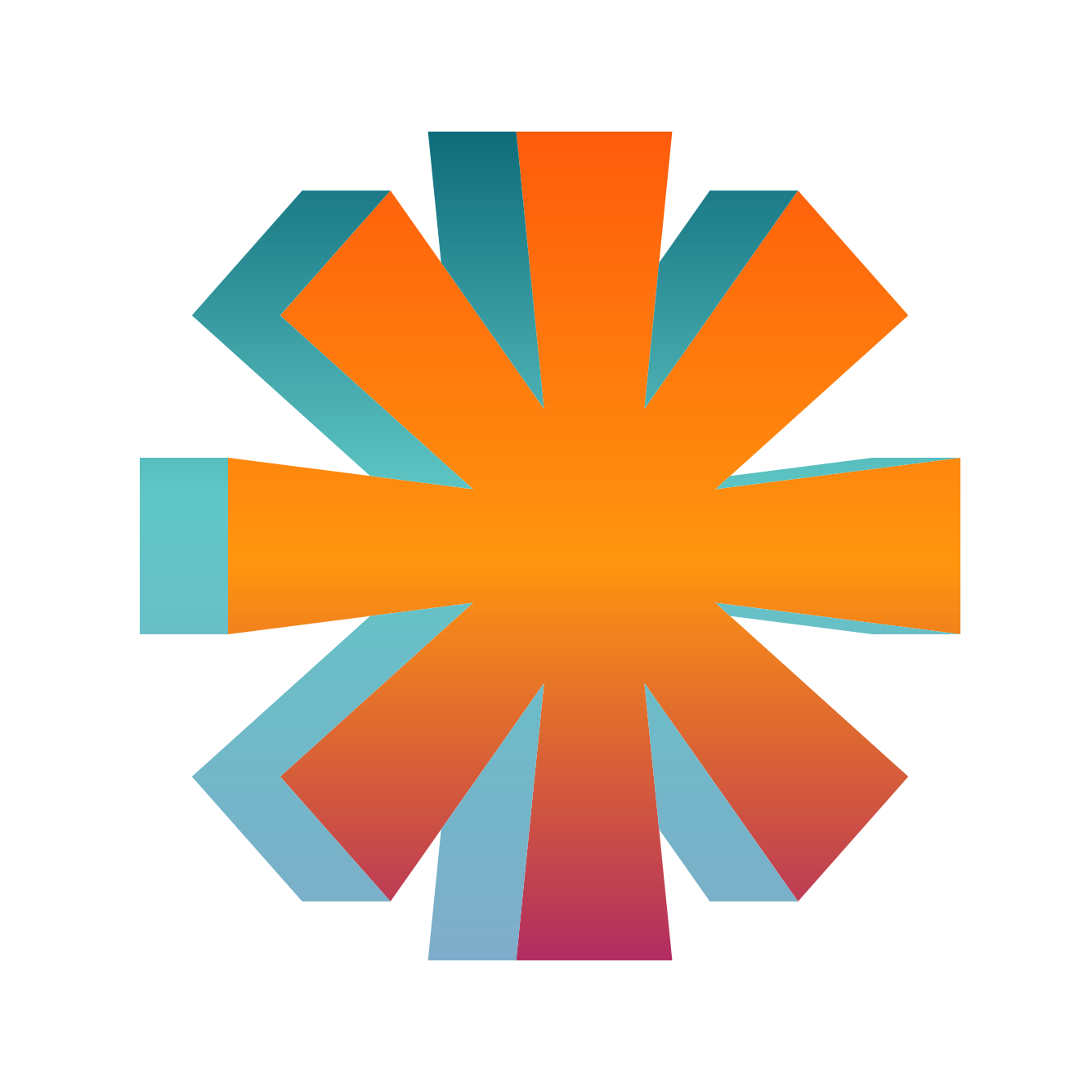 An eight-pointed star shape with orange and red gradients and teal shadows