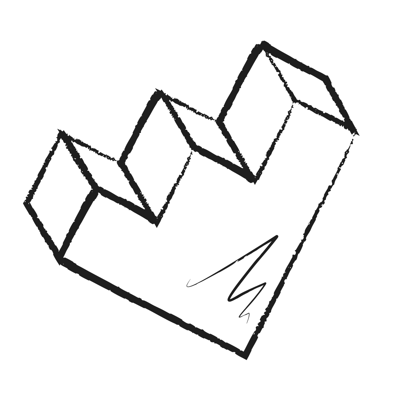 A hand-drawn isometric shape with three peaks on a white background