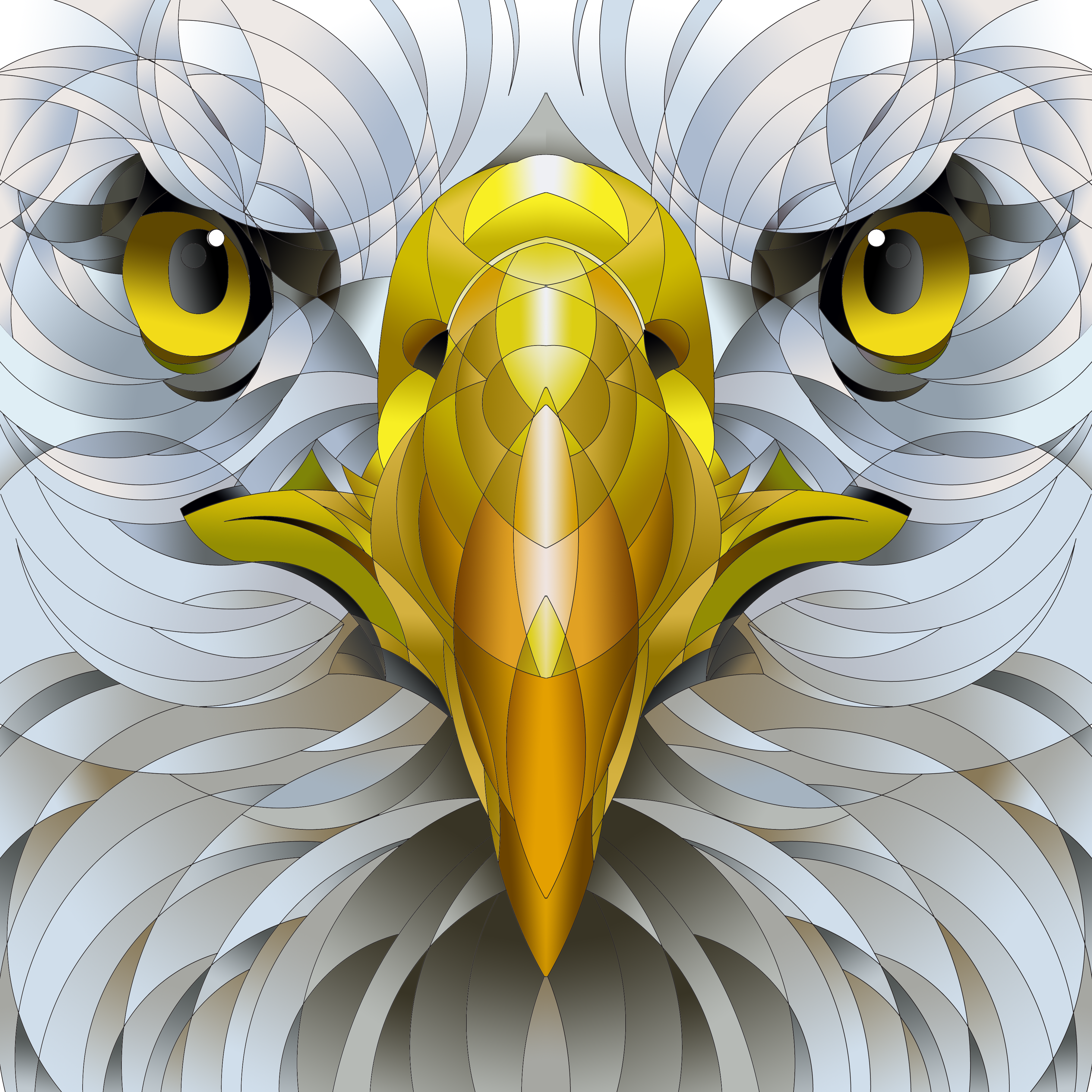 A stylized bald eagle head with a yellow beak and intricate white feathers