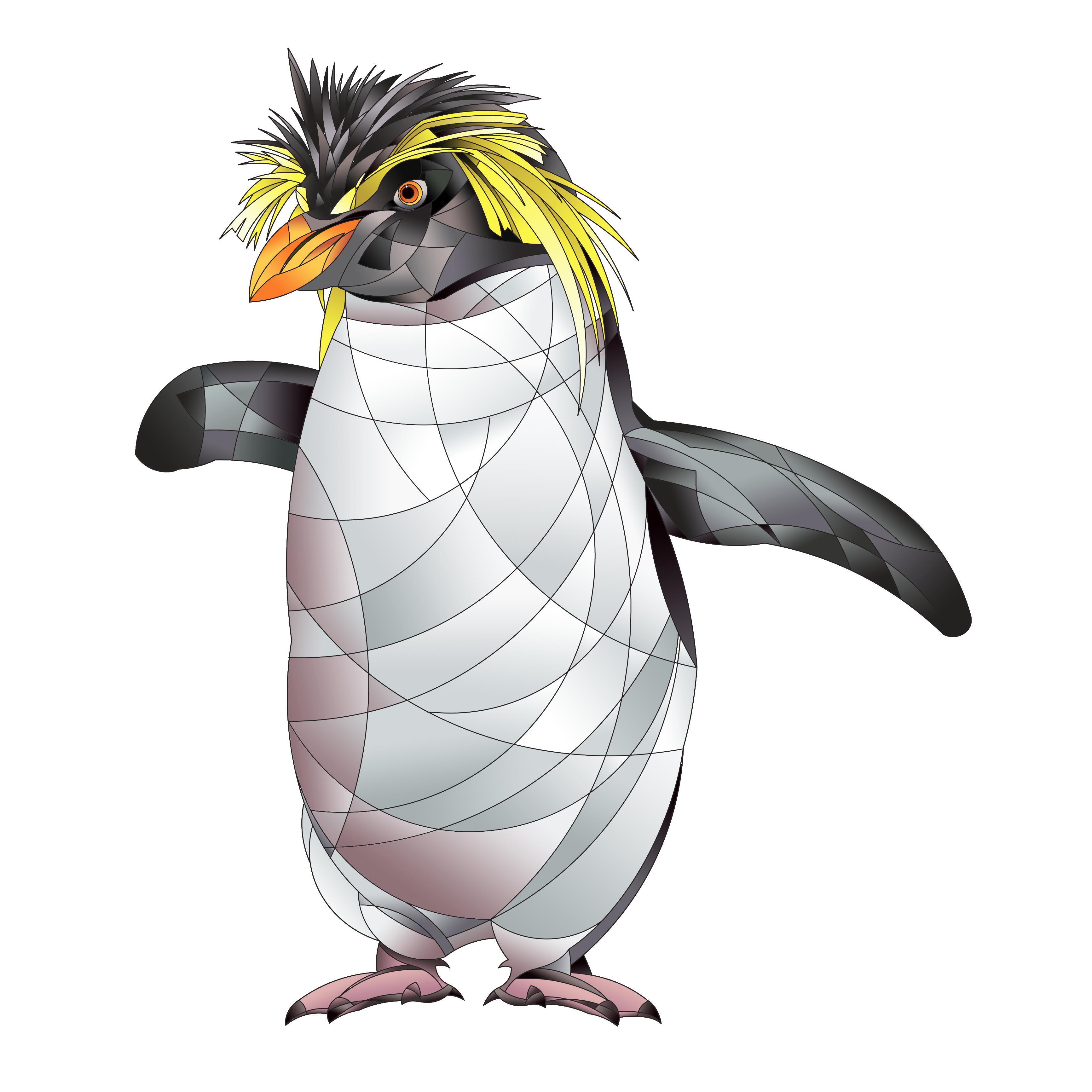 Un pinguino macarcherone stilizzato con motivi geometrici sul petto bianco e ali nere