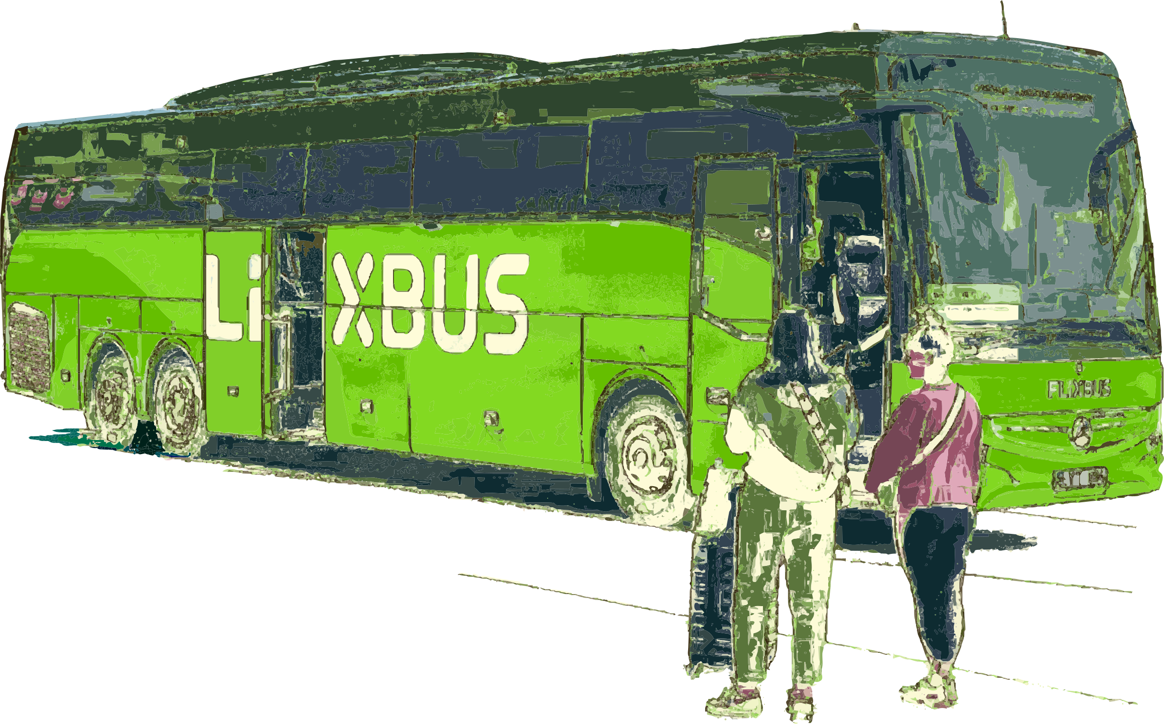 Duas pessoas com bagagem esperando para embarcar em um ônibus verde em uma parada
