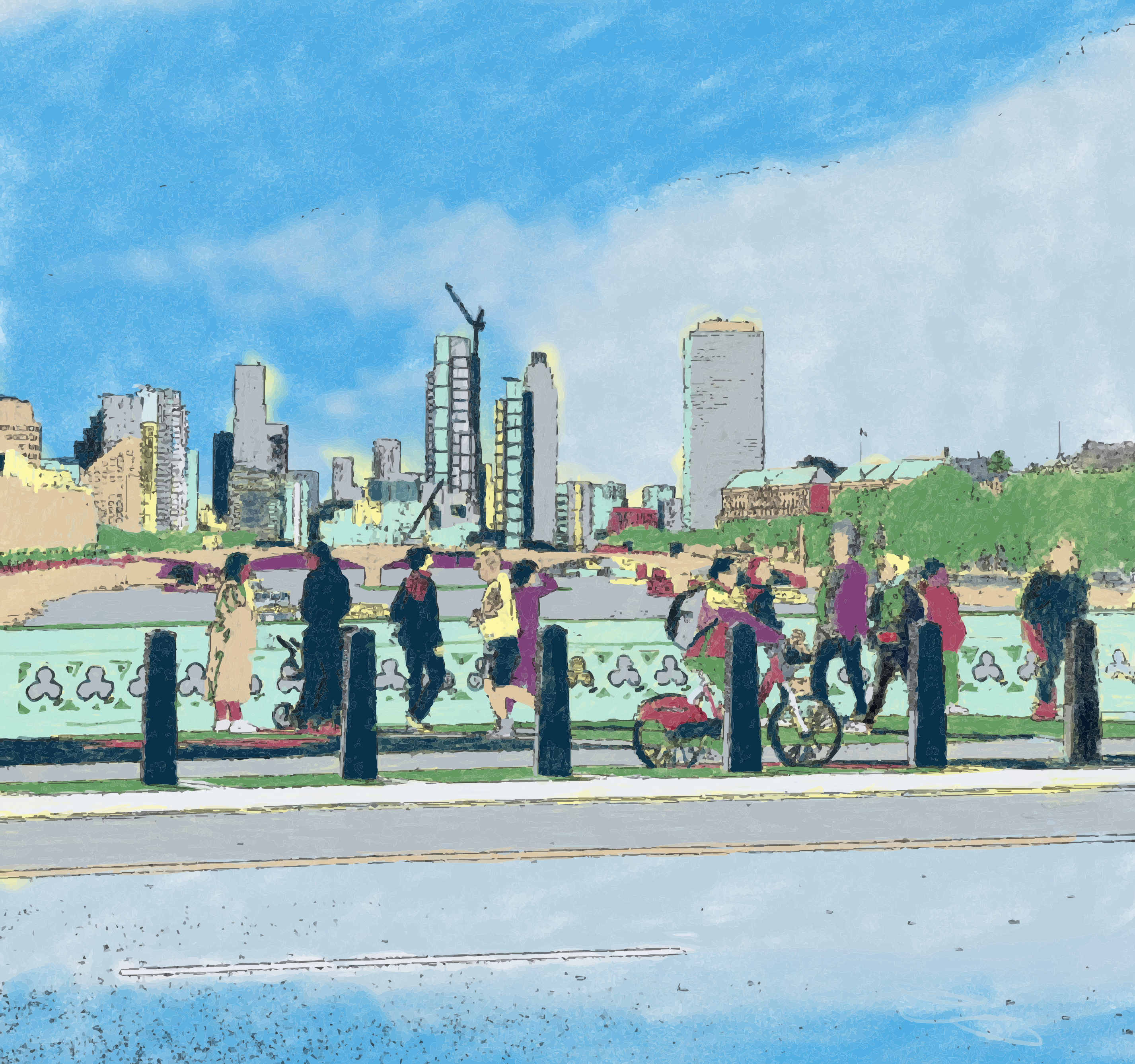 People walking and cycling on a bridge with a city skyline in the background
