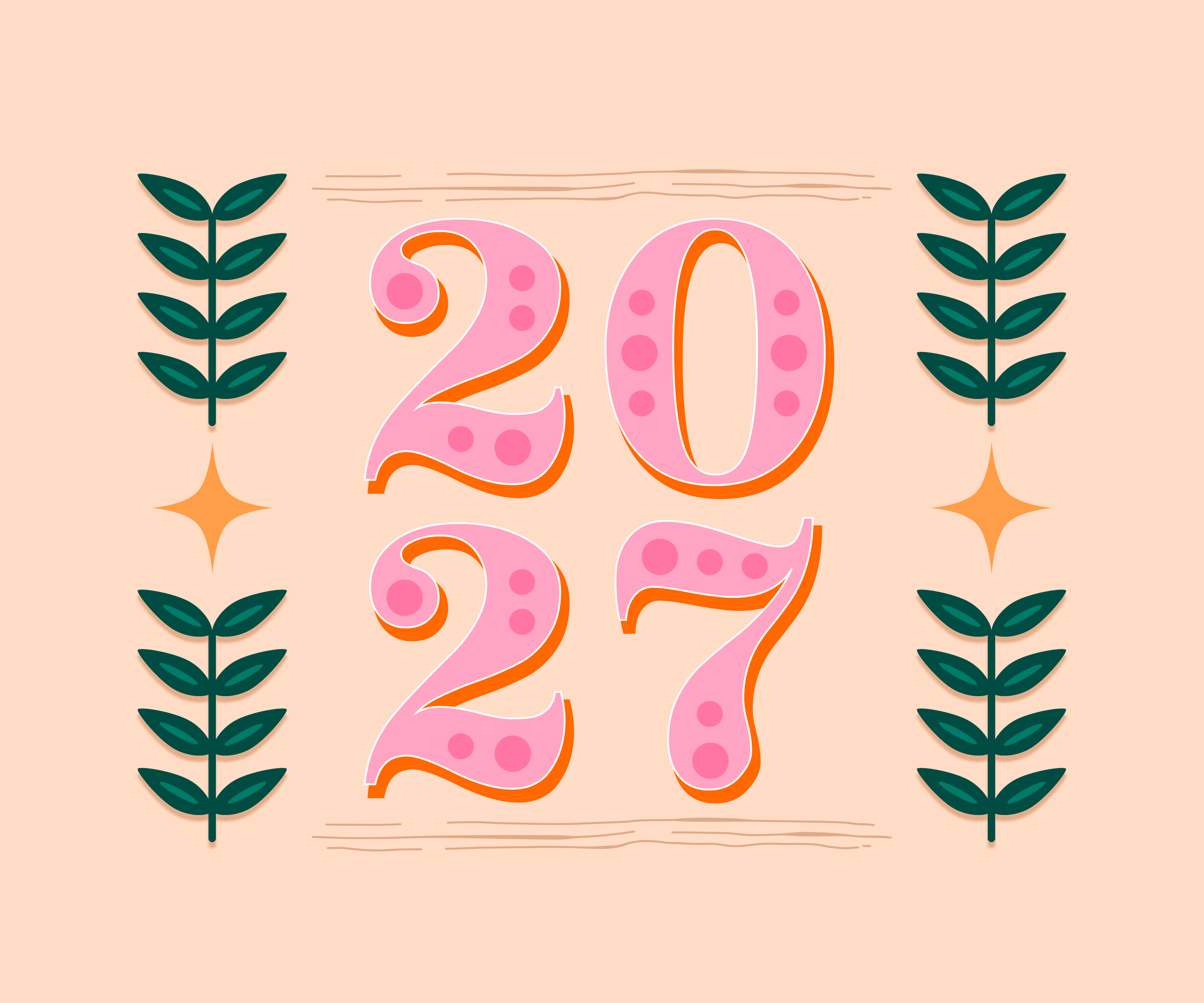 O número 2027 em rosa com bolinhas ladeadas por folhas verdes e estrelas