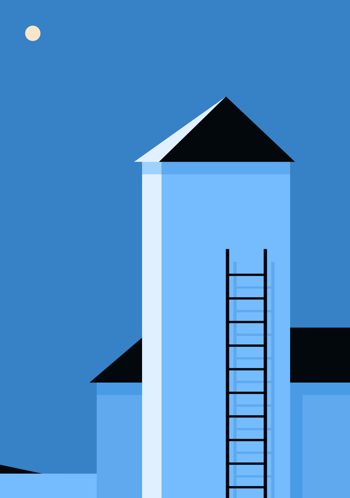 A tall blue tower with a black roof and ladder under a moon