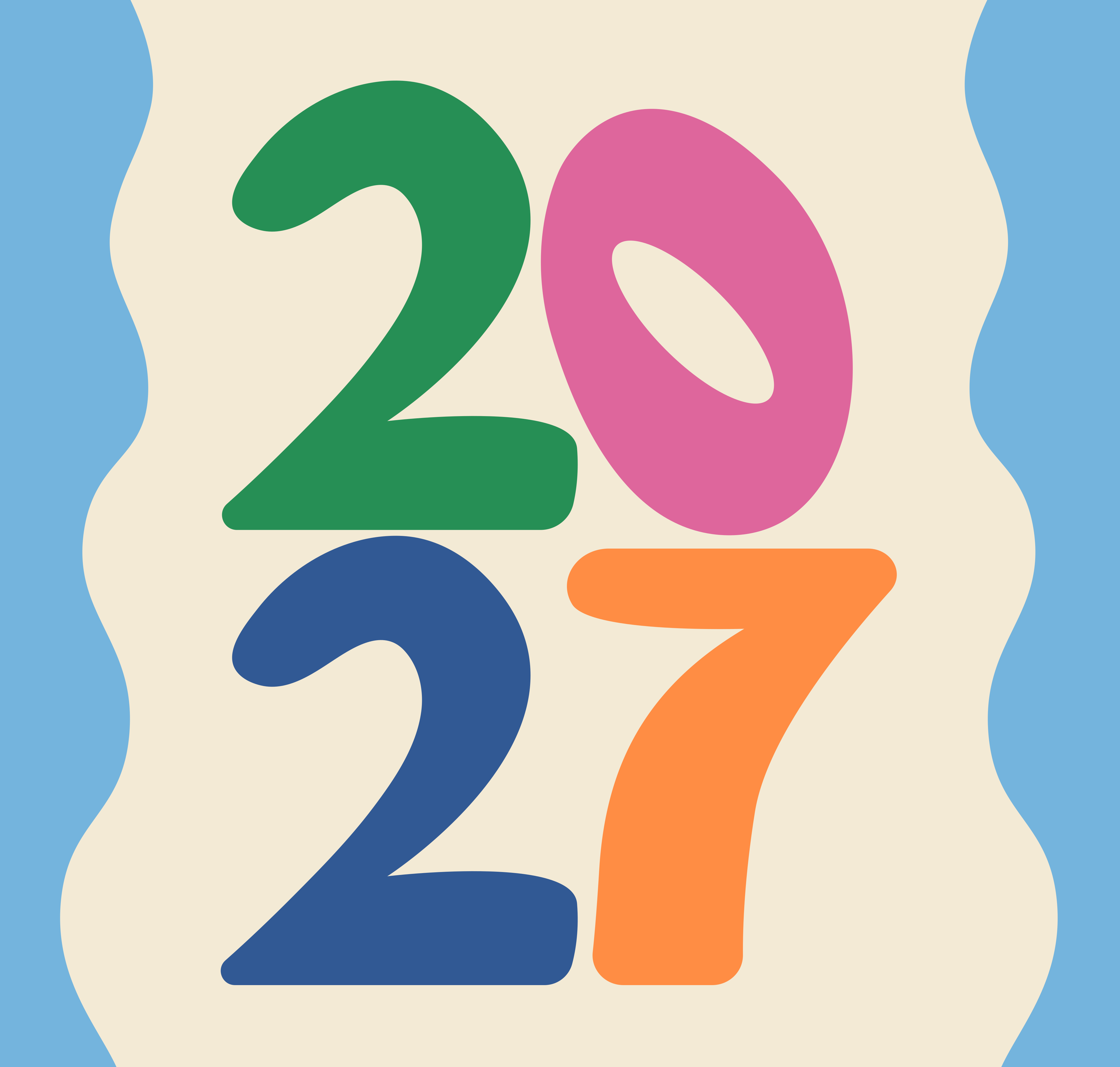 O número 2027 em tipografia colorida e ousada sobre fundo creme com ondas azuis