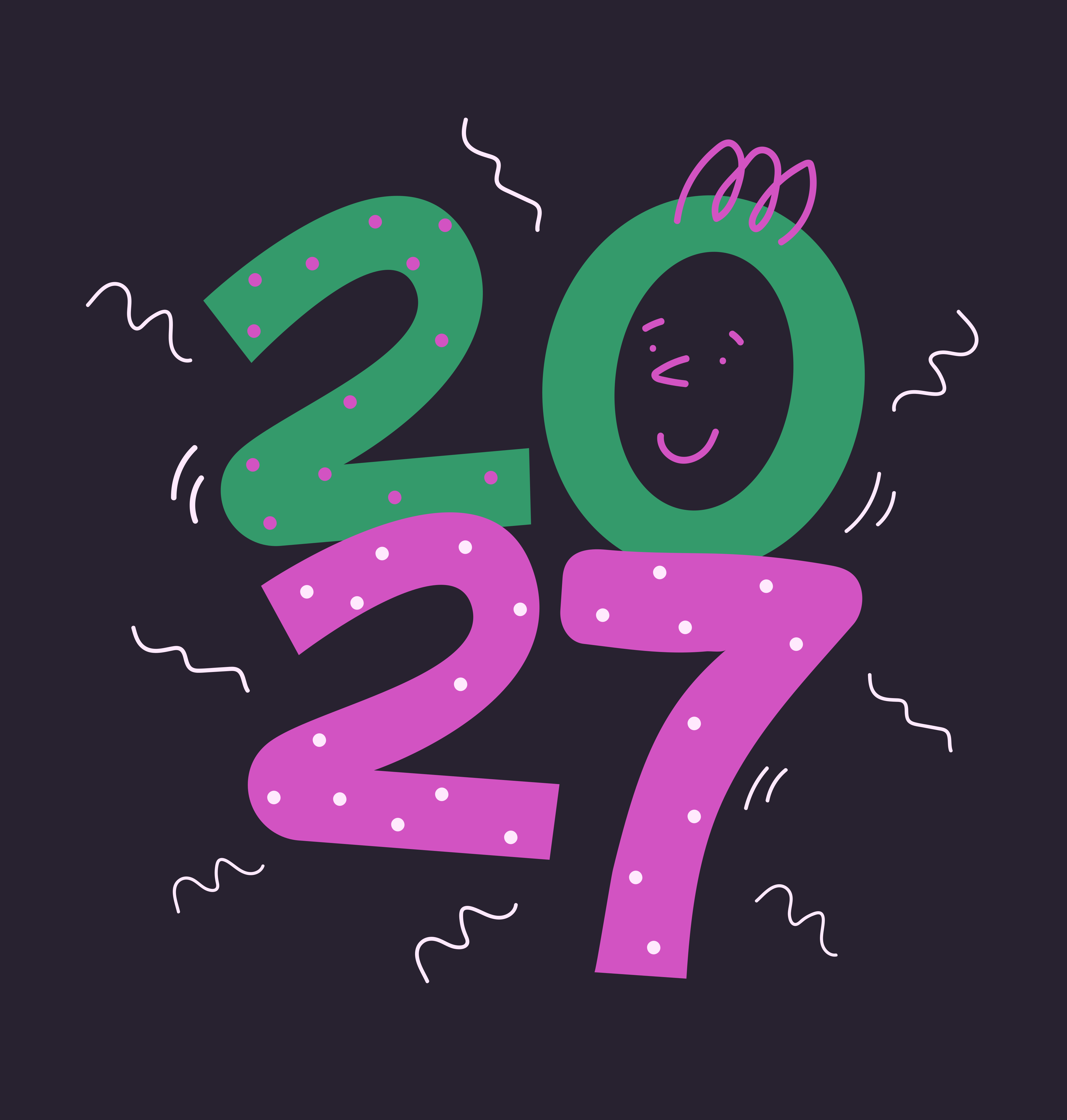 Los números 2027 en verde y rosa con una cara sonriente sobre un fondo oscuro