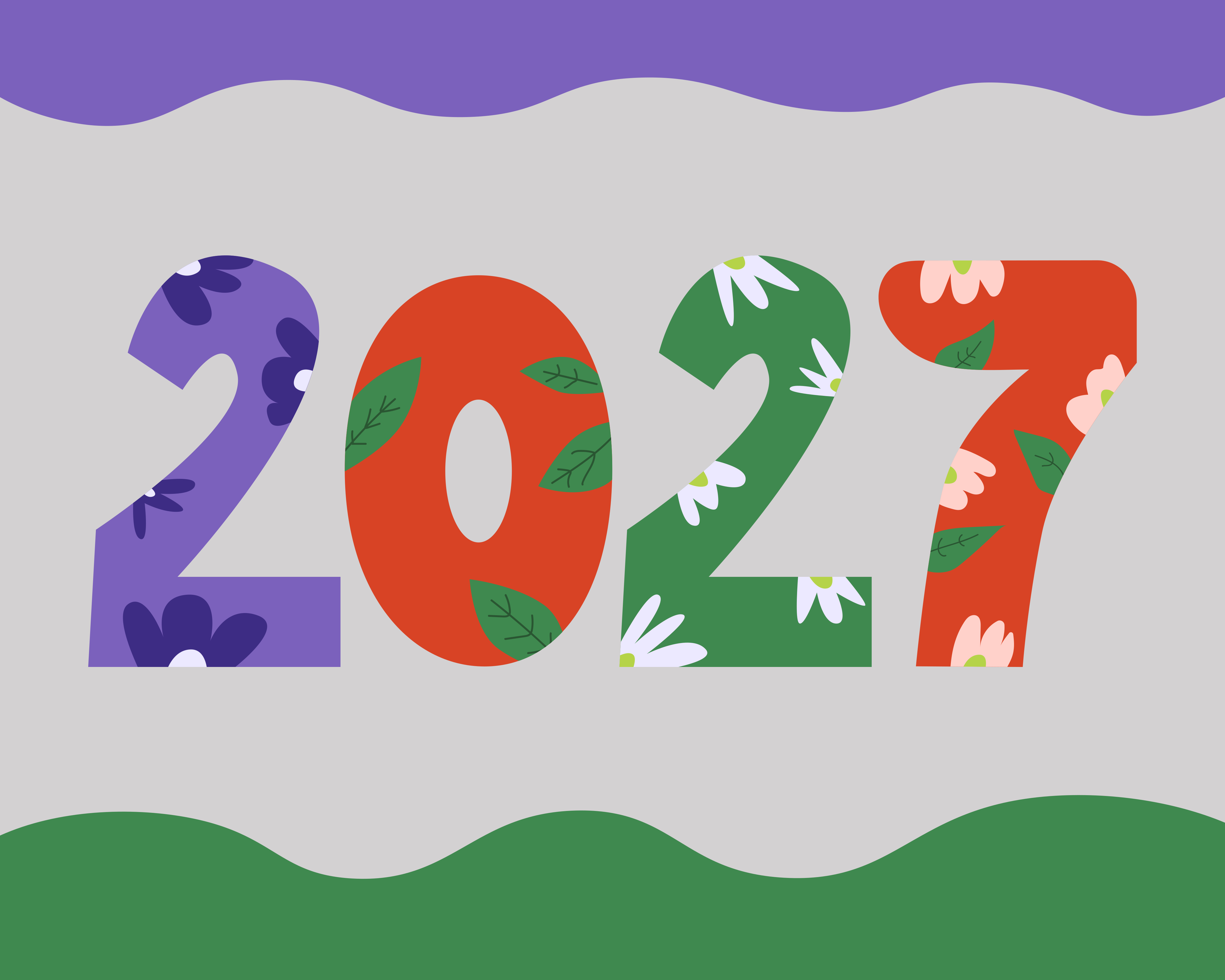 L'anno 2027 in numeri colorati decorati con motivi floreali e foglie