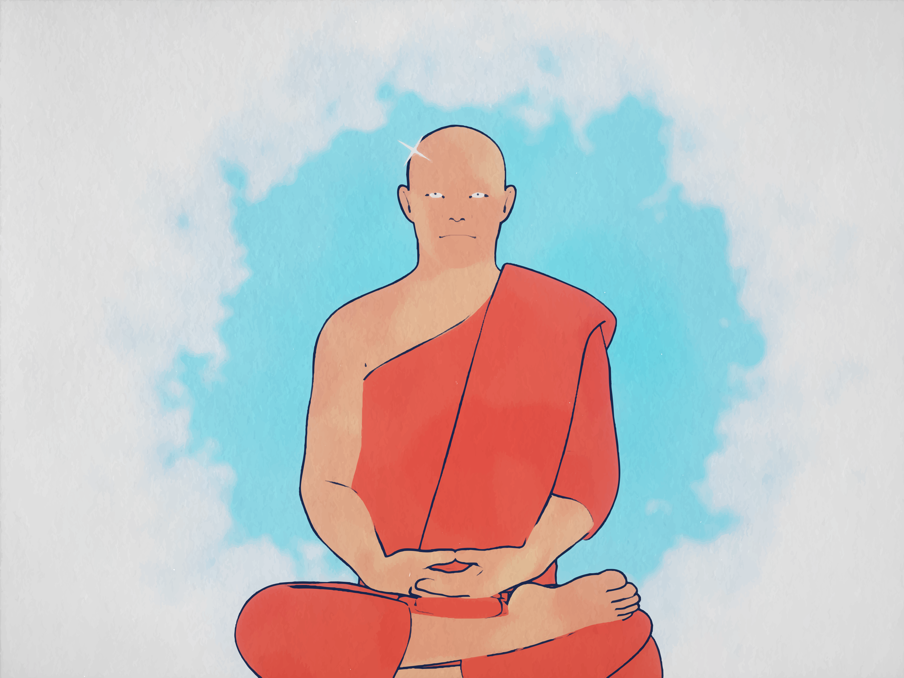 Una persona con la cabeza rapada y túnica naranja sentada en una pose meditativa