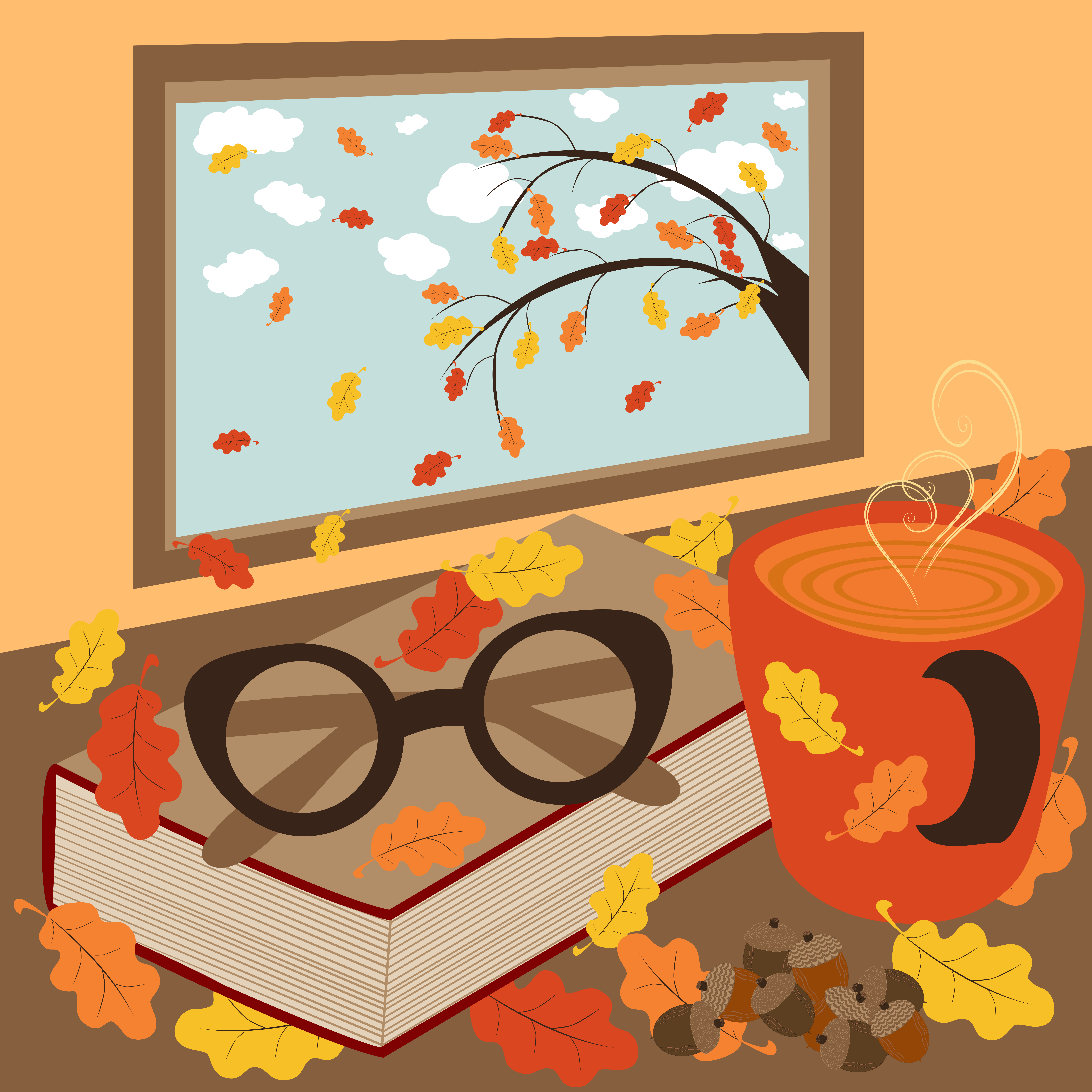 A book, glasses, and a steaming mug surrounded by autumn leaves near a window