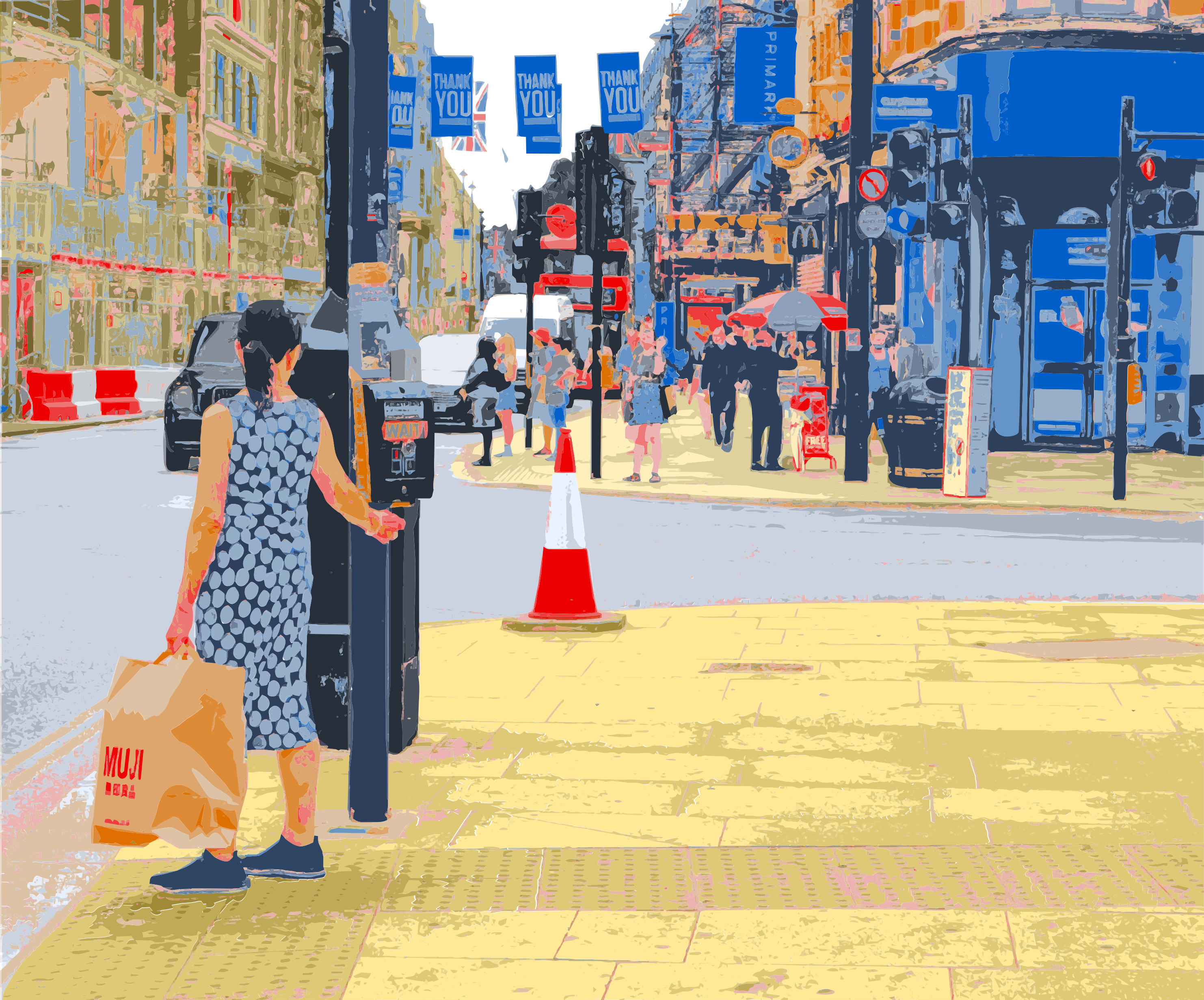 A woman in a polka dot dress holding a shopping bag on a city street