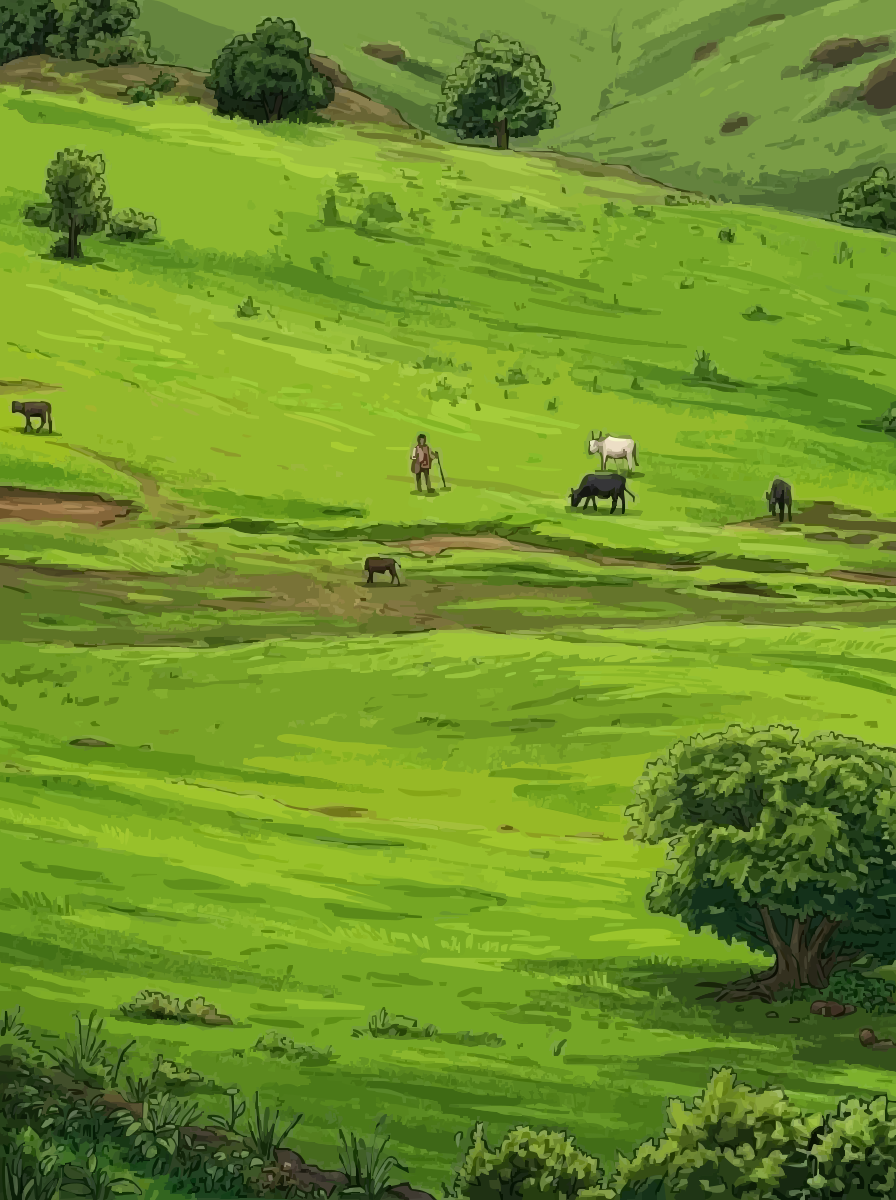 A person with a staff herding cattle on a lush green hillside