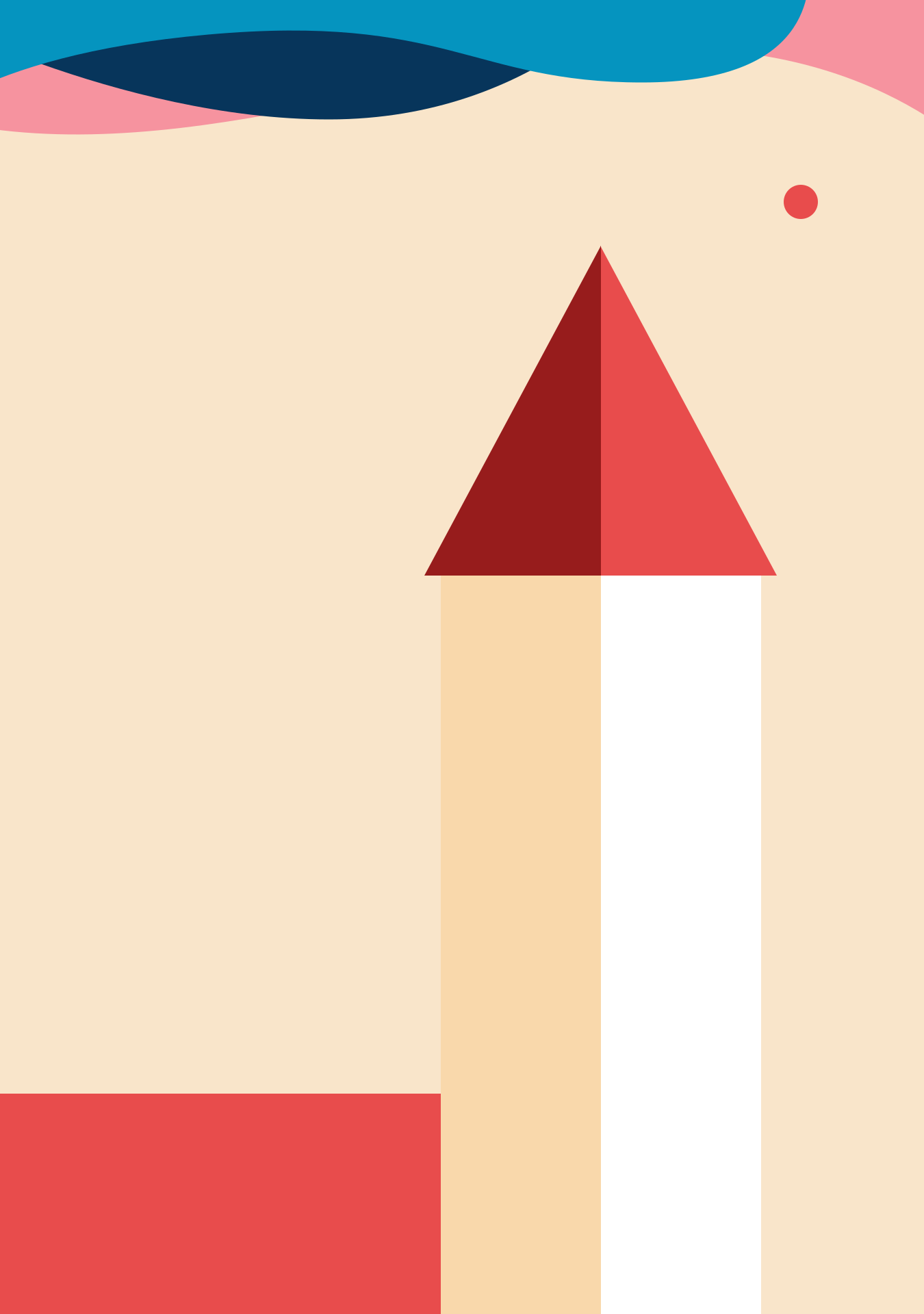 A minimalist tower with a red conical roof against a pale background