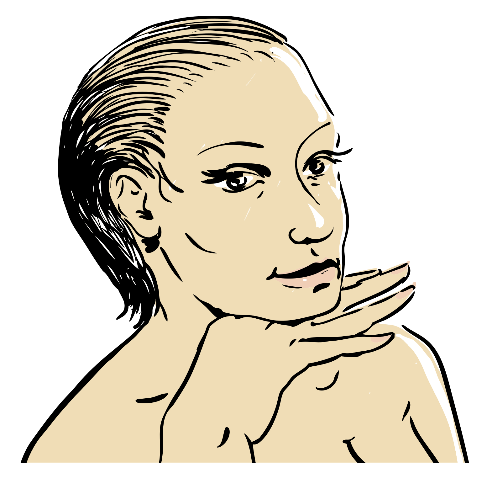 Une femme aux cheveux courts reposant son menton sur sa main