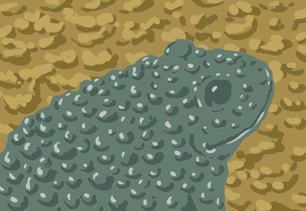 テクスチャーのある皮膚を持つ緑色のカエルが、タン色の模様の背景に描かれている