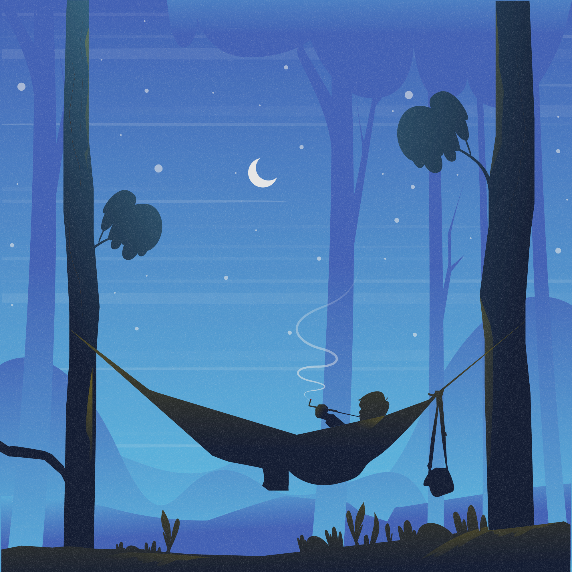 Una persona in un'amaca tra due alberi sotto una luna crescente