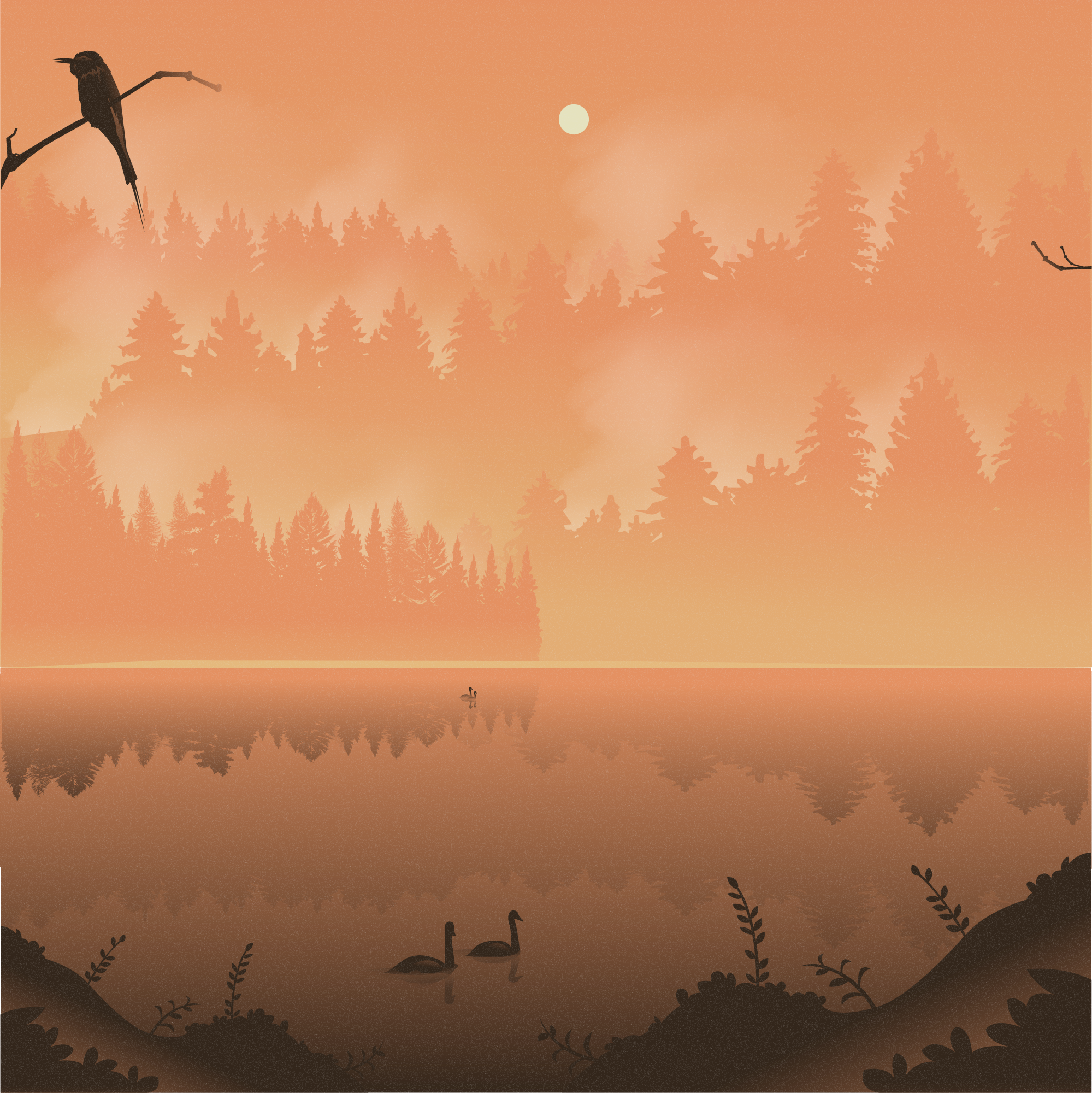 Un oiseau sur une branche surplombant un lac avec deux cygnes dans une lumière orange
