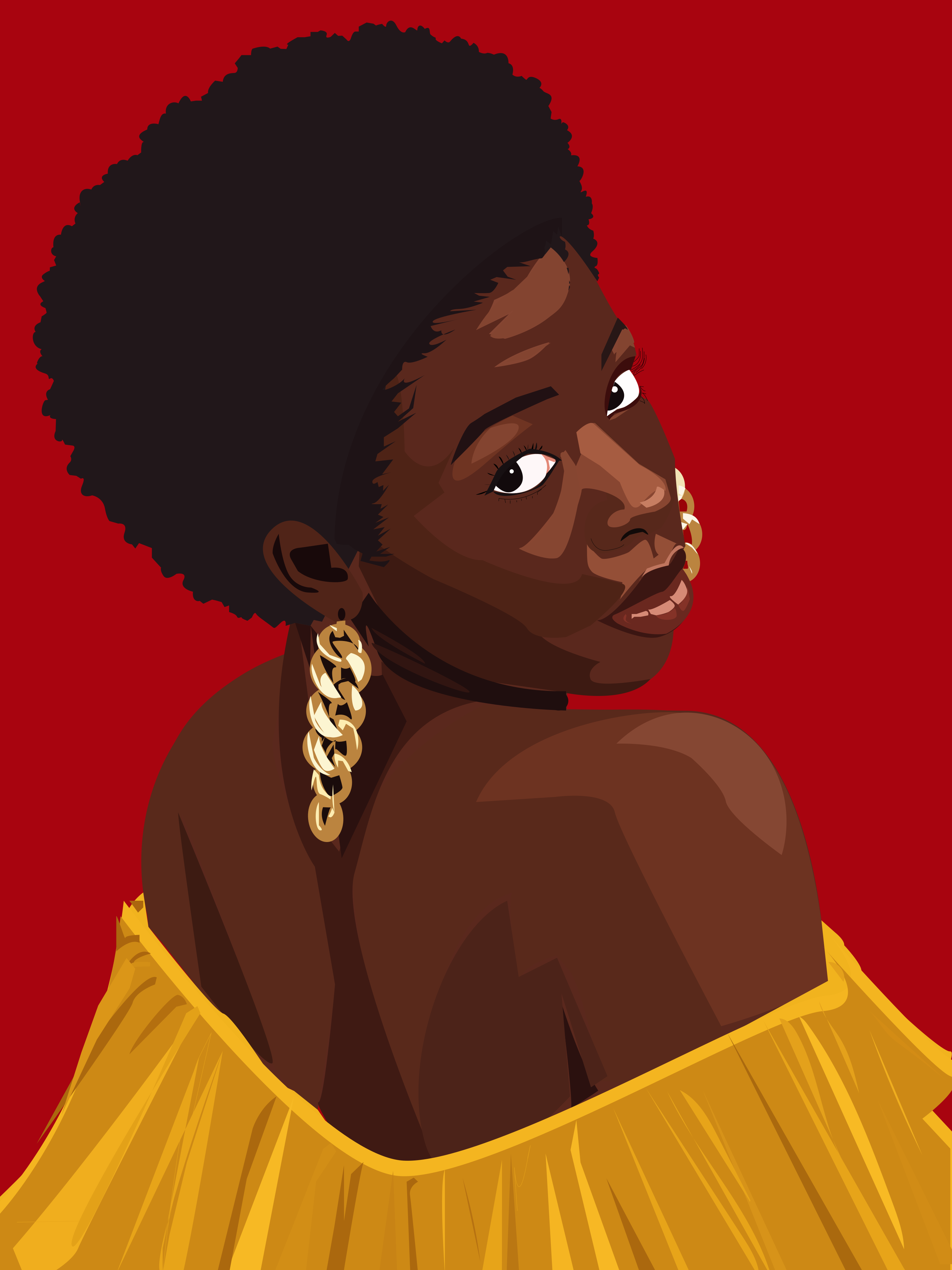 Una mujer con un peinado afro y pendientes de cadena dorada sobre fondo rojo