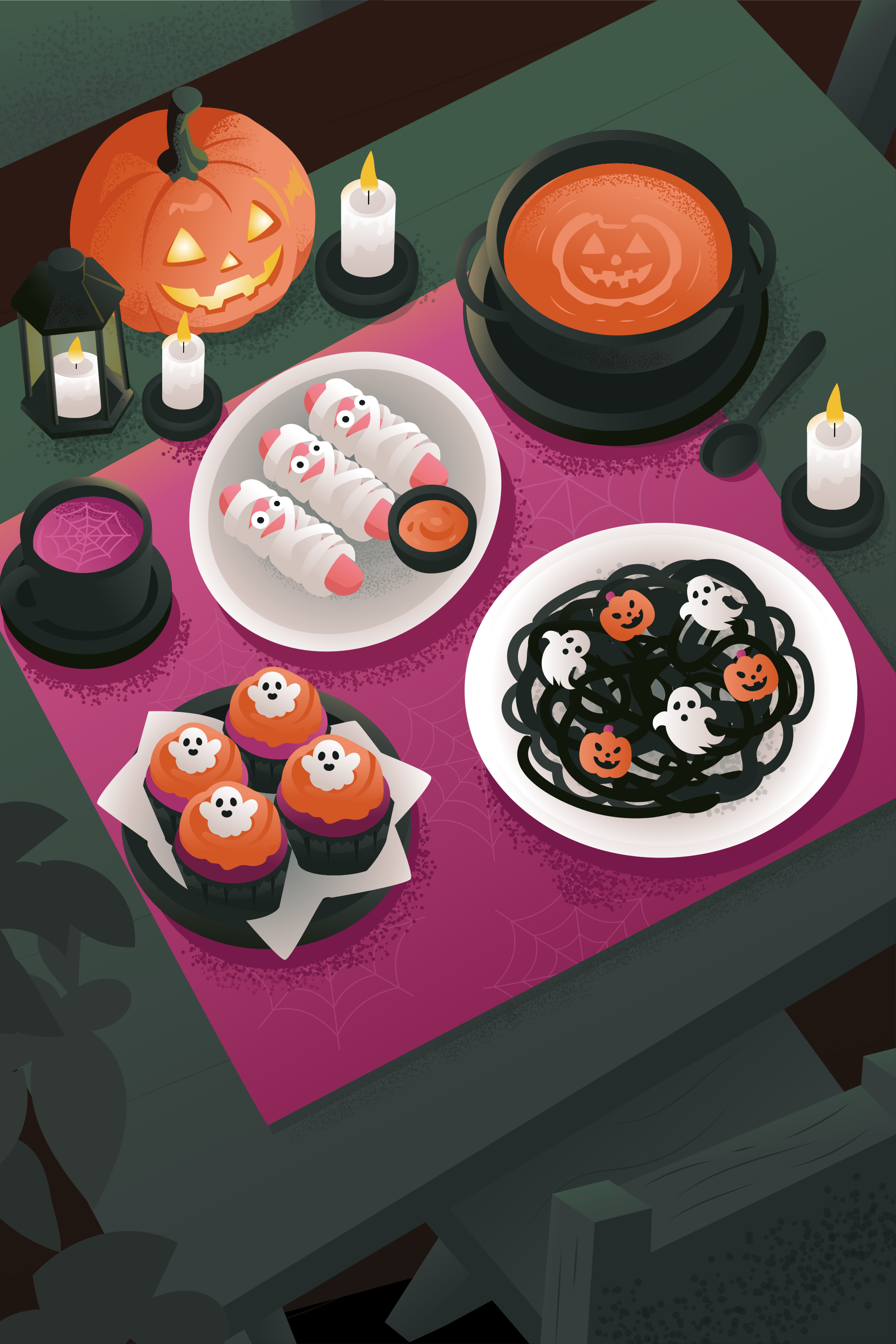 Jantar de Halloween com cachorros-quentes da mamãe, macarrão preto e cupcakes na mesa