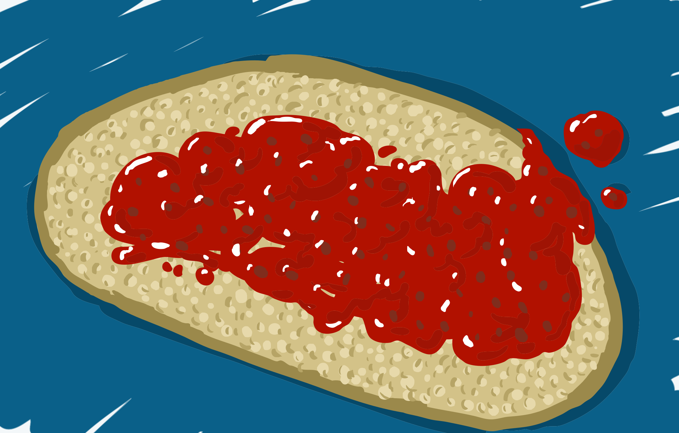 A slice of bread topped with red jam on a blue background