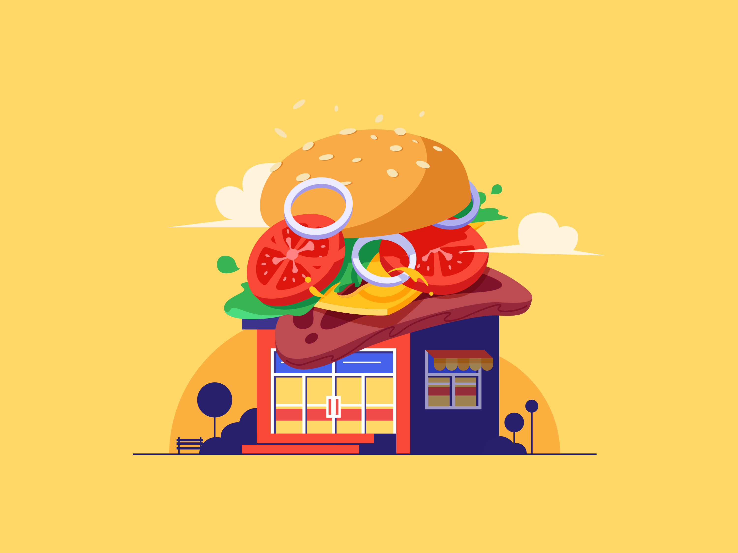 Sebuah bangunan kecil yang di atasnya dihiasi burger raksasa dengan irisan tomat dan cincin bawang