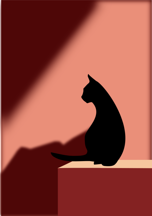 Siluet kucing hitam di atas tepi dinding oranye hangat