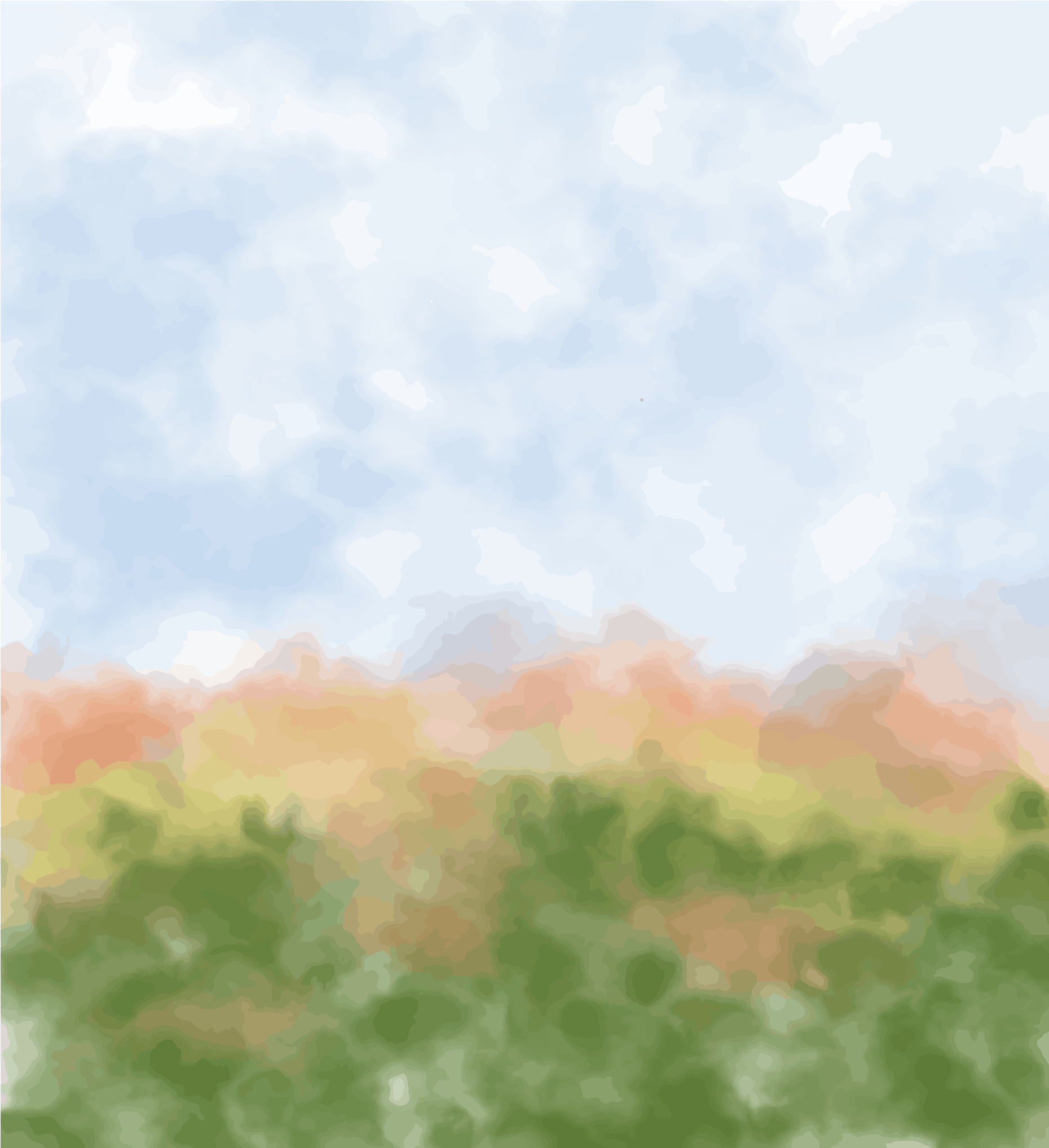 Abstract watercolor painting with soft blue sky above orange and green foliage