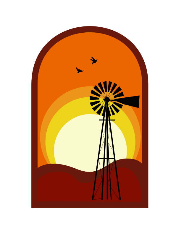 A windmill silhouette against a warm orange sky with two birds in flight