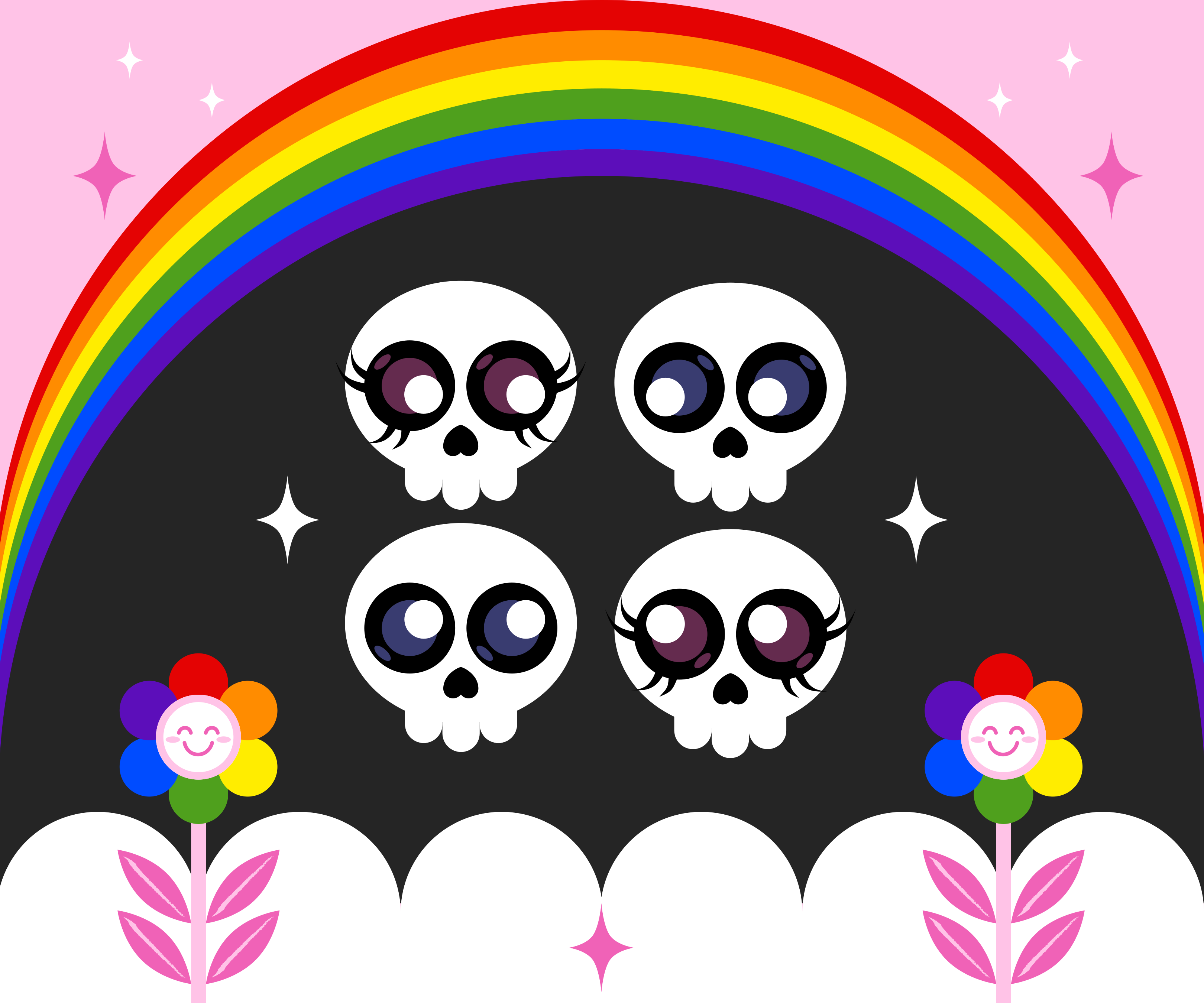 Cuatro calaveras de dibujos animados con grandes ojos bajo un arcoíris y dos flores sonrientes