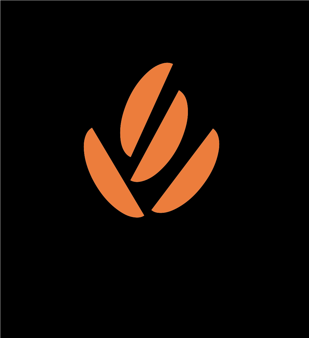 An orange abstract icon of three stylized leaves on a black background