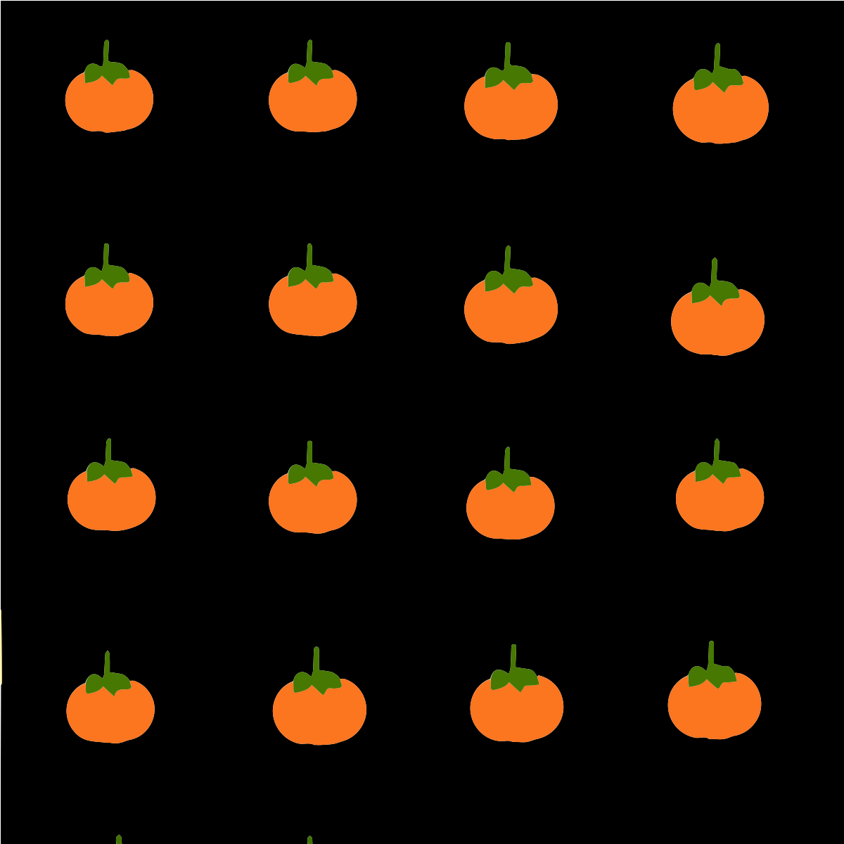 A repeating pattern of orange persimmons with green stems on a black background