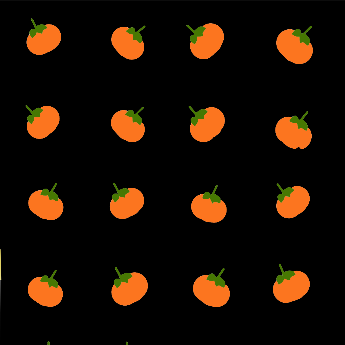 A repeating pattern of orange persimmons with green stems on a black background
