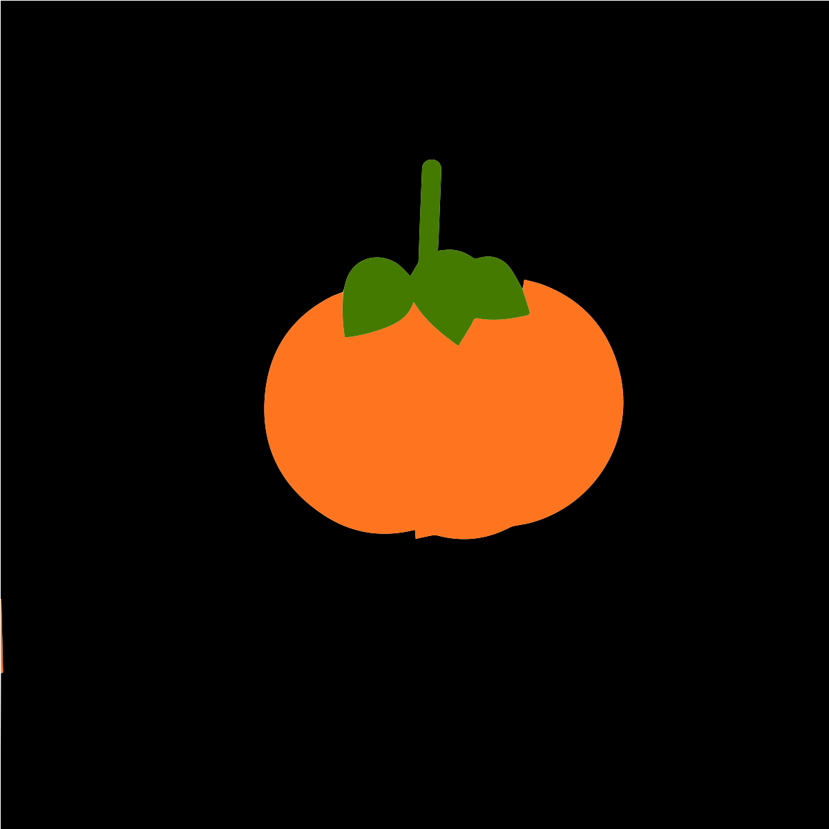 A stylized orange persimmon with a green stem and leaves on a black background