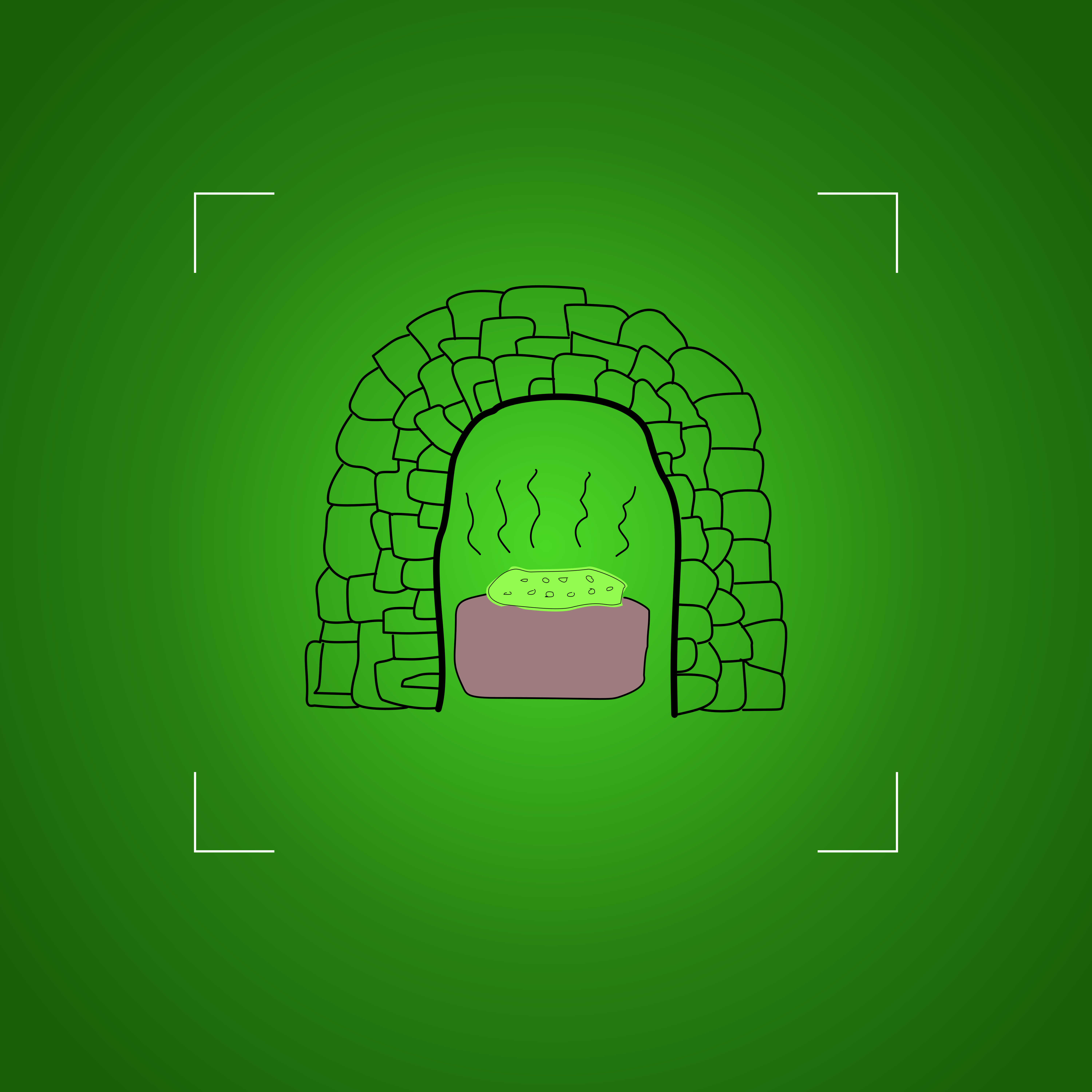 Un piatto verde fumante all'interno di un arco di pietra su sfondo verde