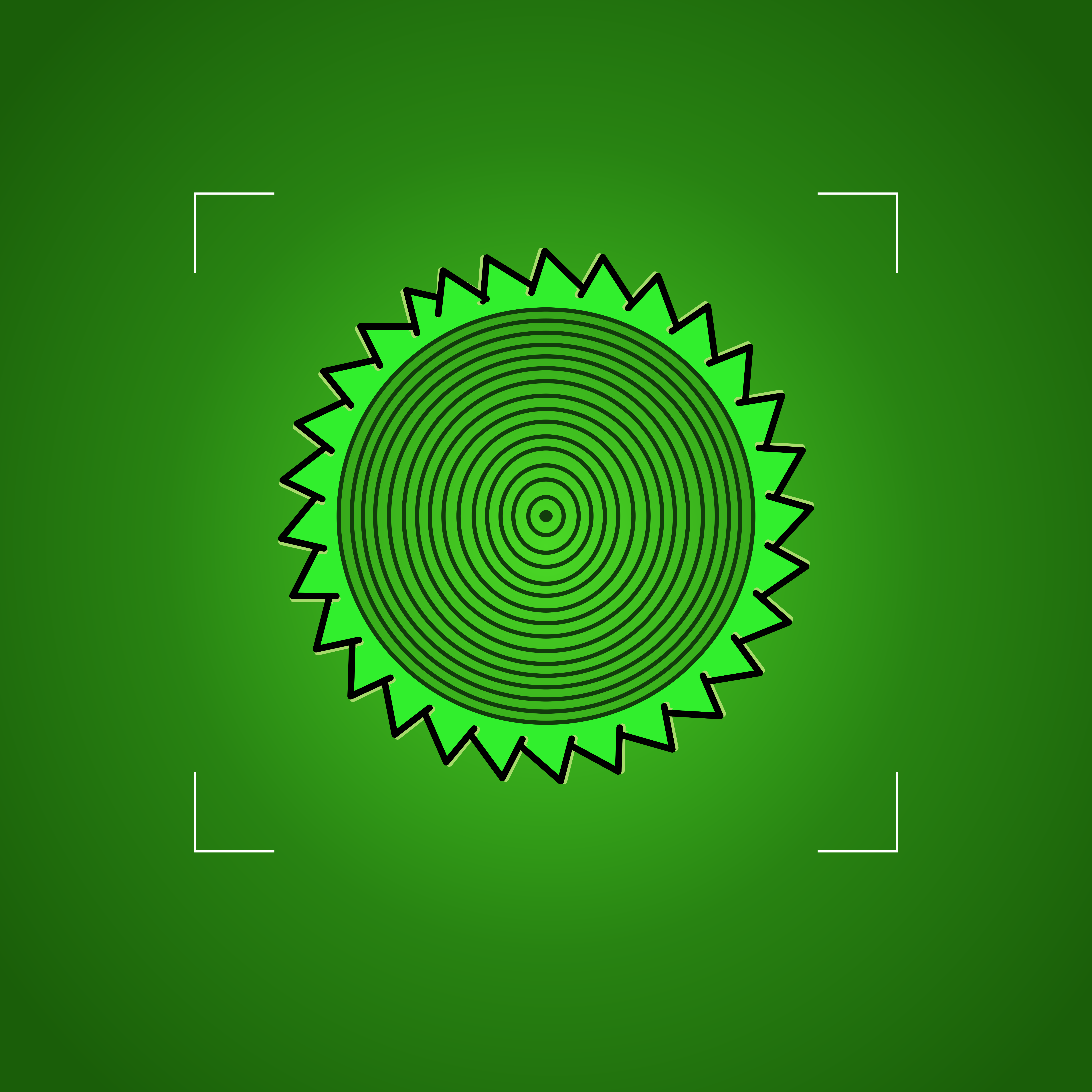 Um ícone circular verde com borda serrilhada e anéis pretos concêntricos